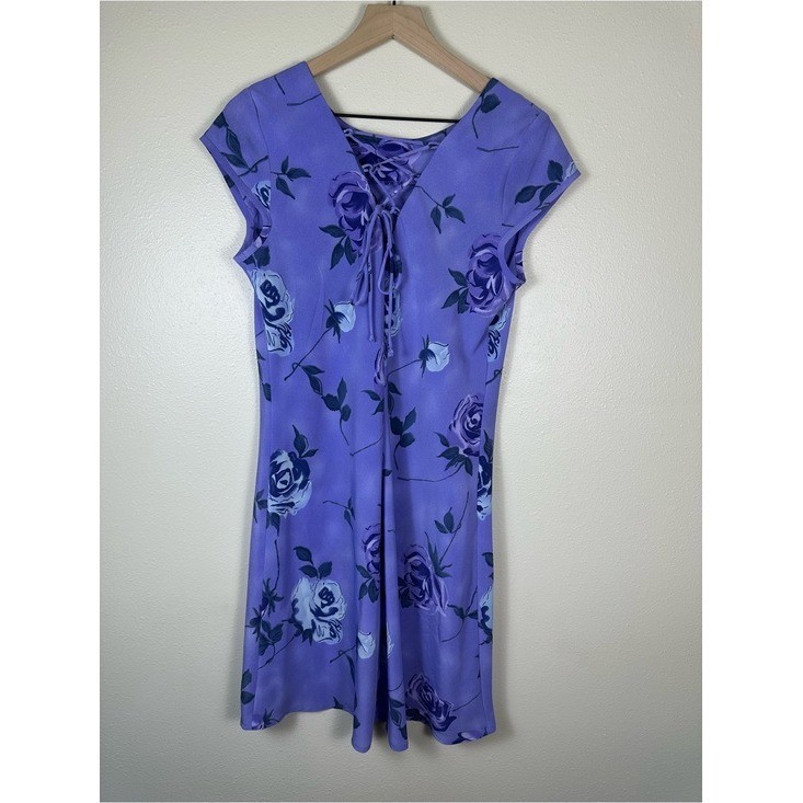 Vintage LISA JO Women Large Purple Floral Coquette Cap-Sleeve Short Dress
