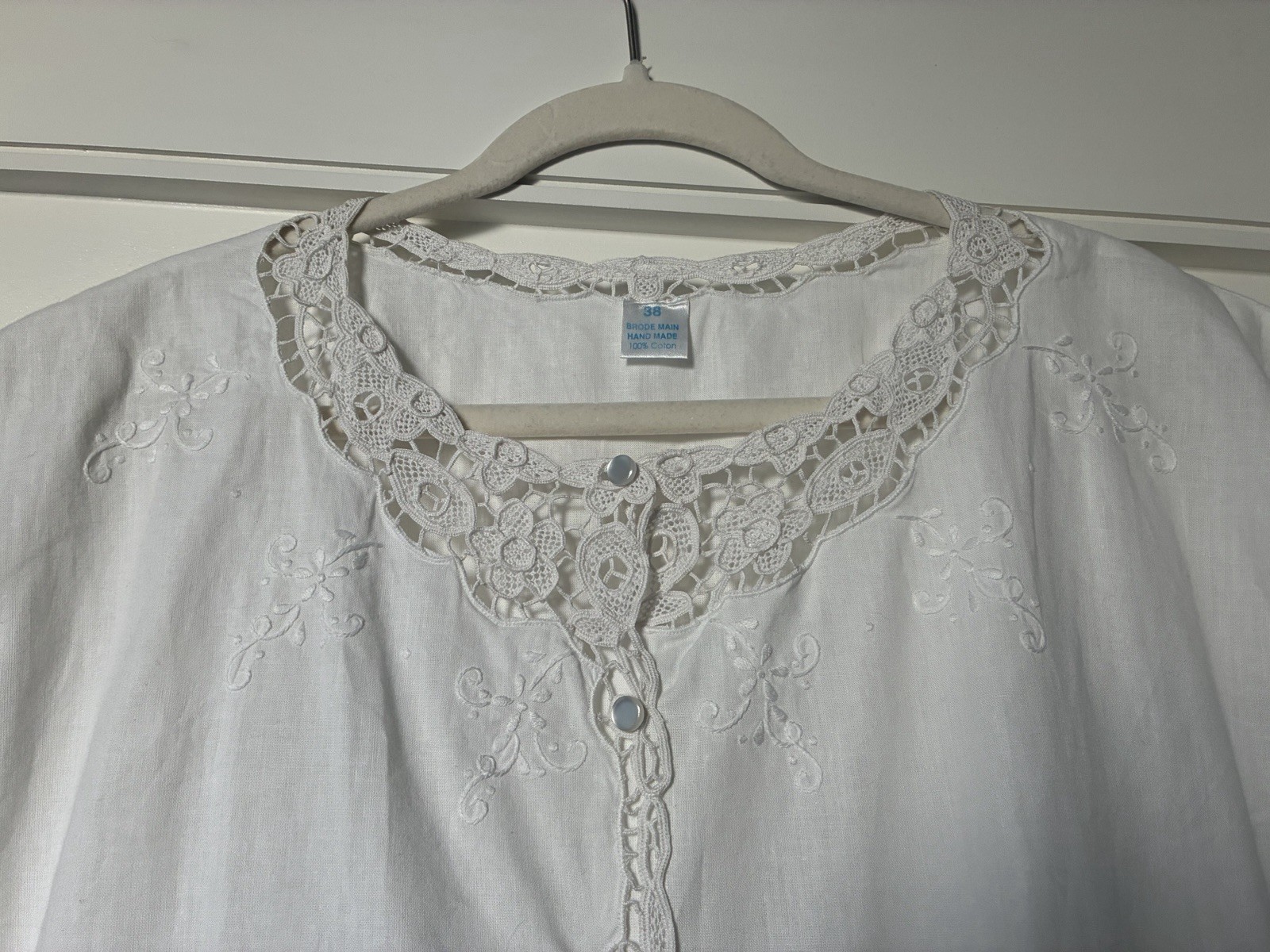 Vintage Handmade Cotton Blouse with Lace and Embroidery