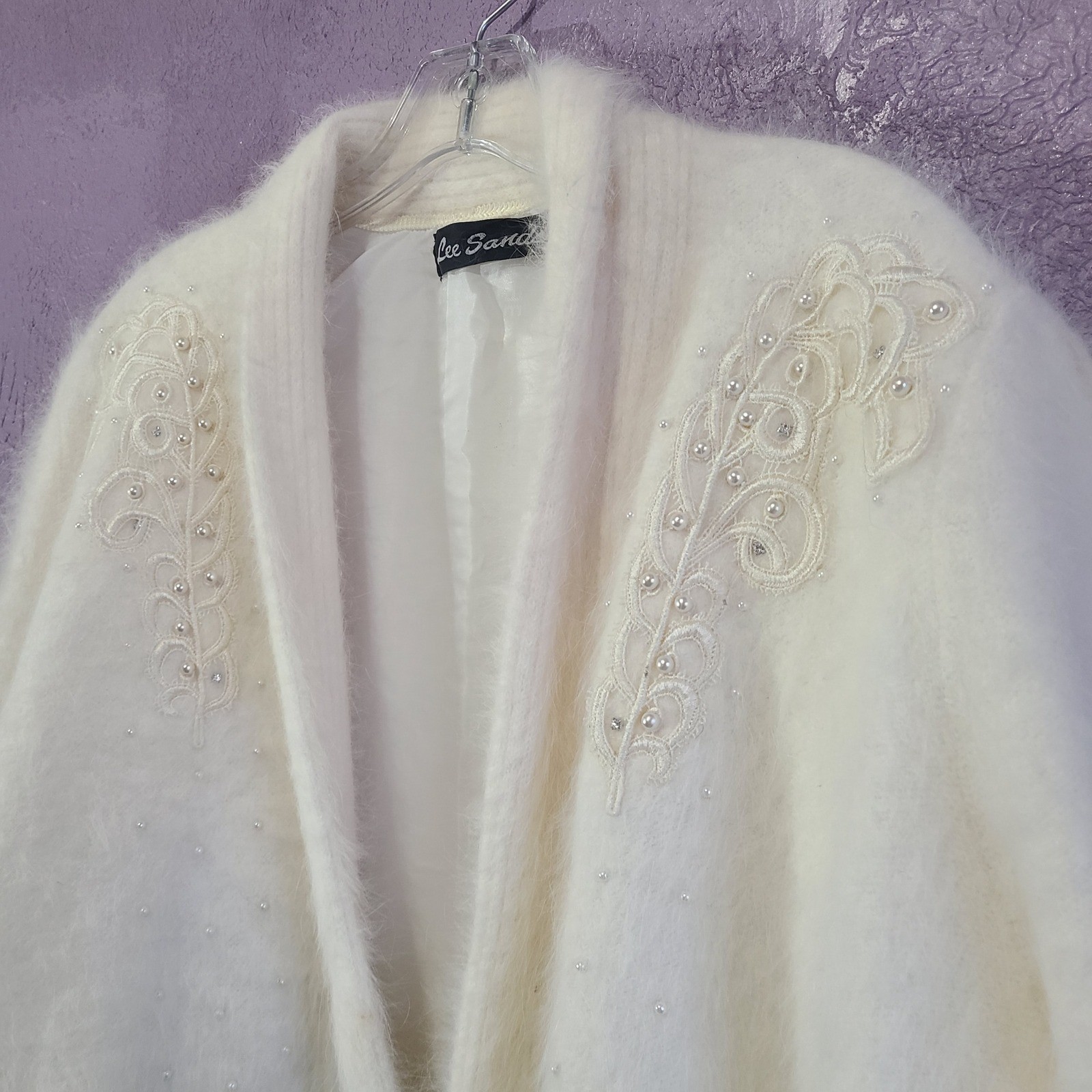Vintage Lee Sands Angora Rabbit Cardigan Womens L Cream White Beaded Embroidered