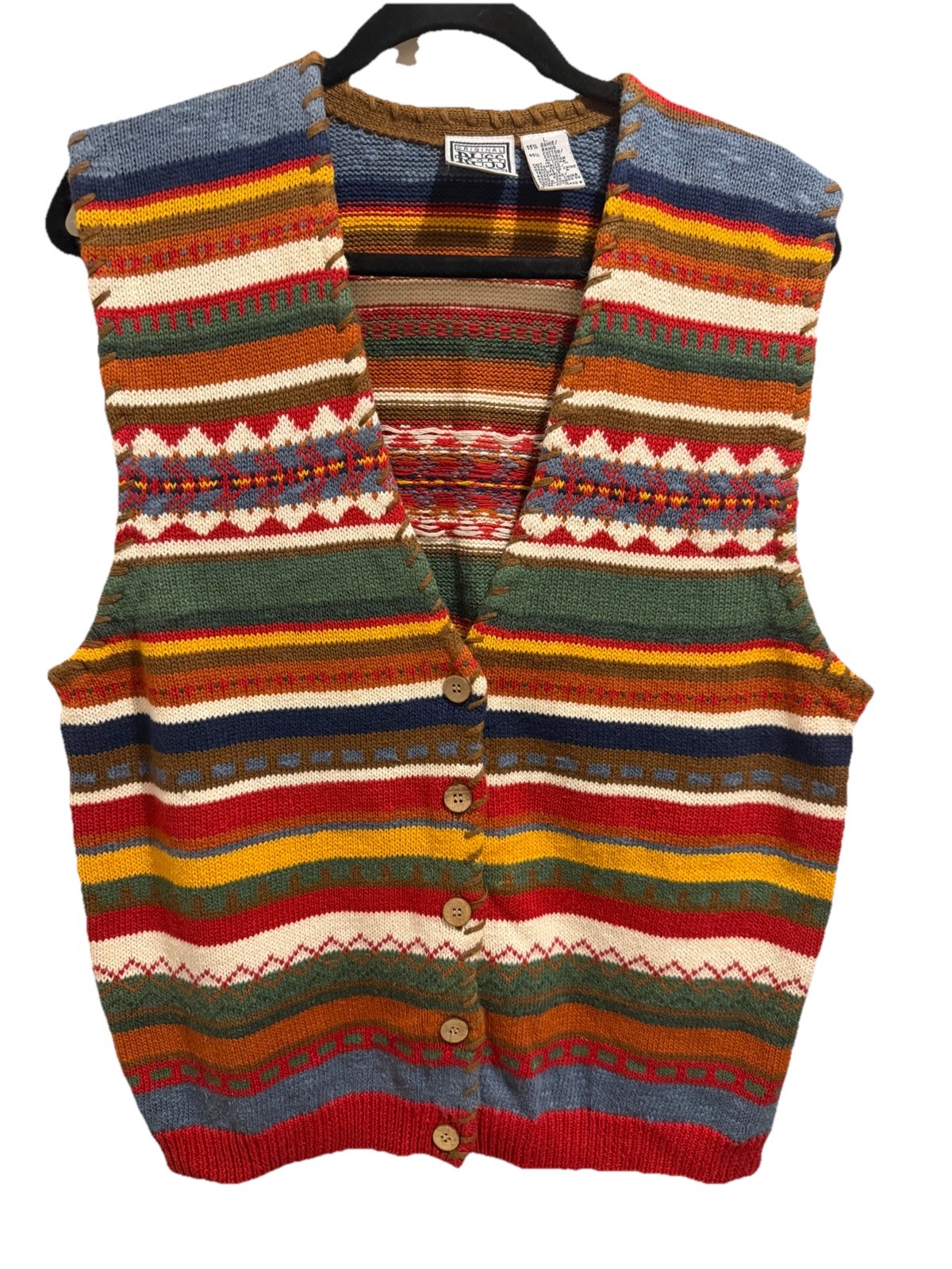 Vtg Original Russ Sport Co Ramie Cotton Striped Button-Down Sweater Vest Sz Lg
