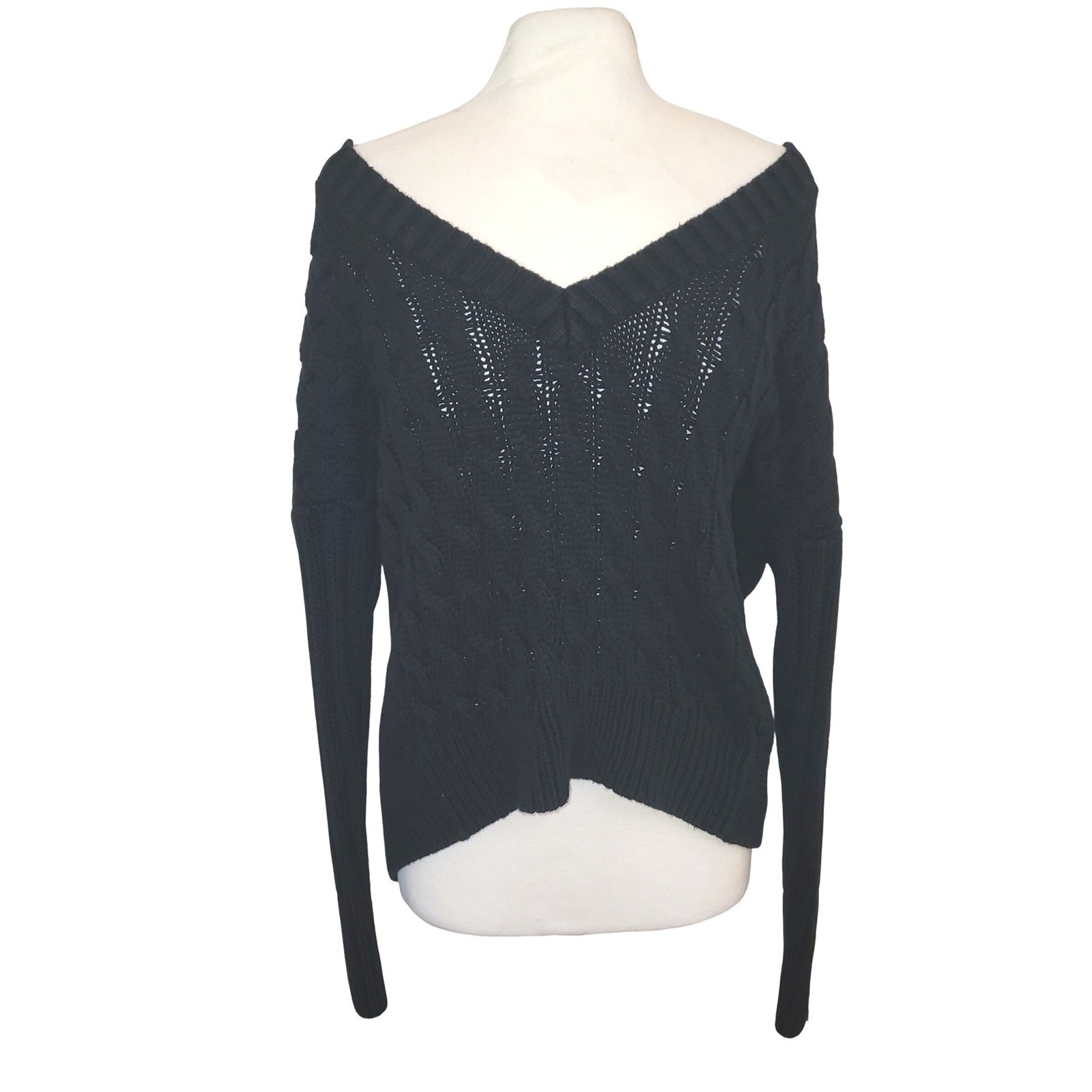 VTG Express Black Chunky Cable Knit Deep V-Neck Off Shoulder 80s Retro Sweater M