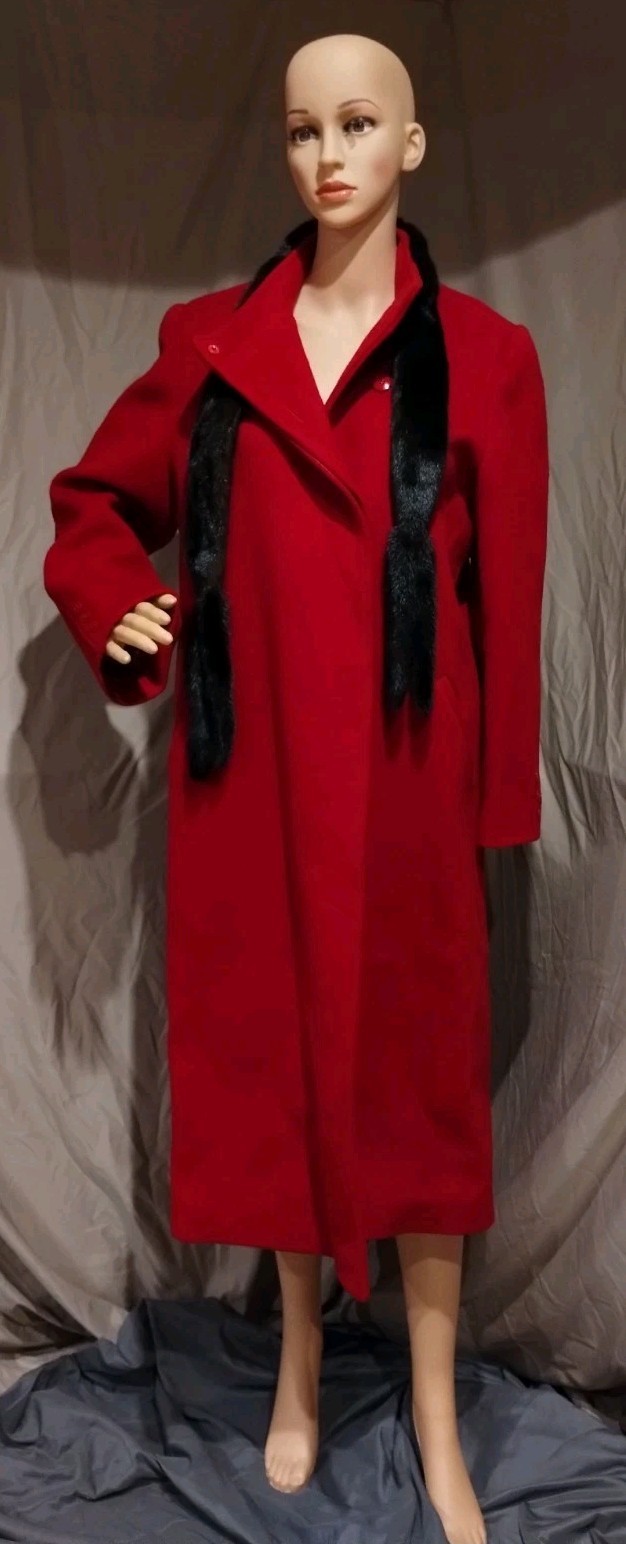 Vintage Forstmann Fabric Alorna Long Red Wool Coat With Black Mink Fur Collar