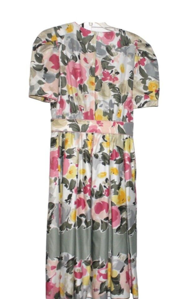 Vtg Nieman Marcus Dress Floral Pleated Skirt Puff Sleeves See Measurements