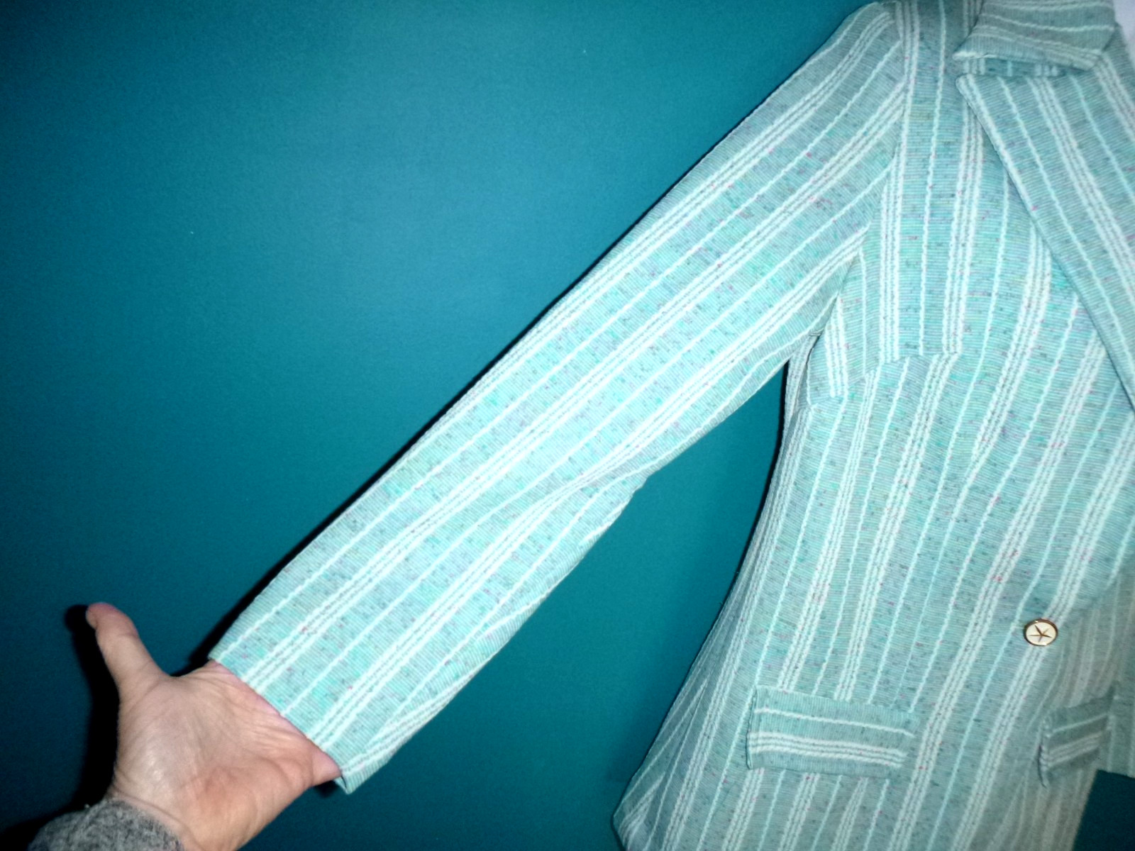 Vtg 70s Graff Textured Stretch Poly Pant Suit Aqua Colored Flecks Sz S
