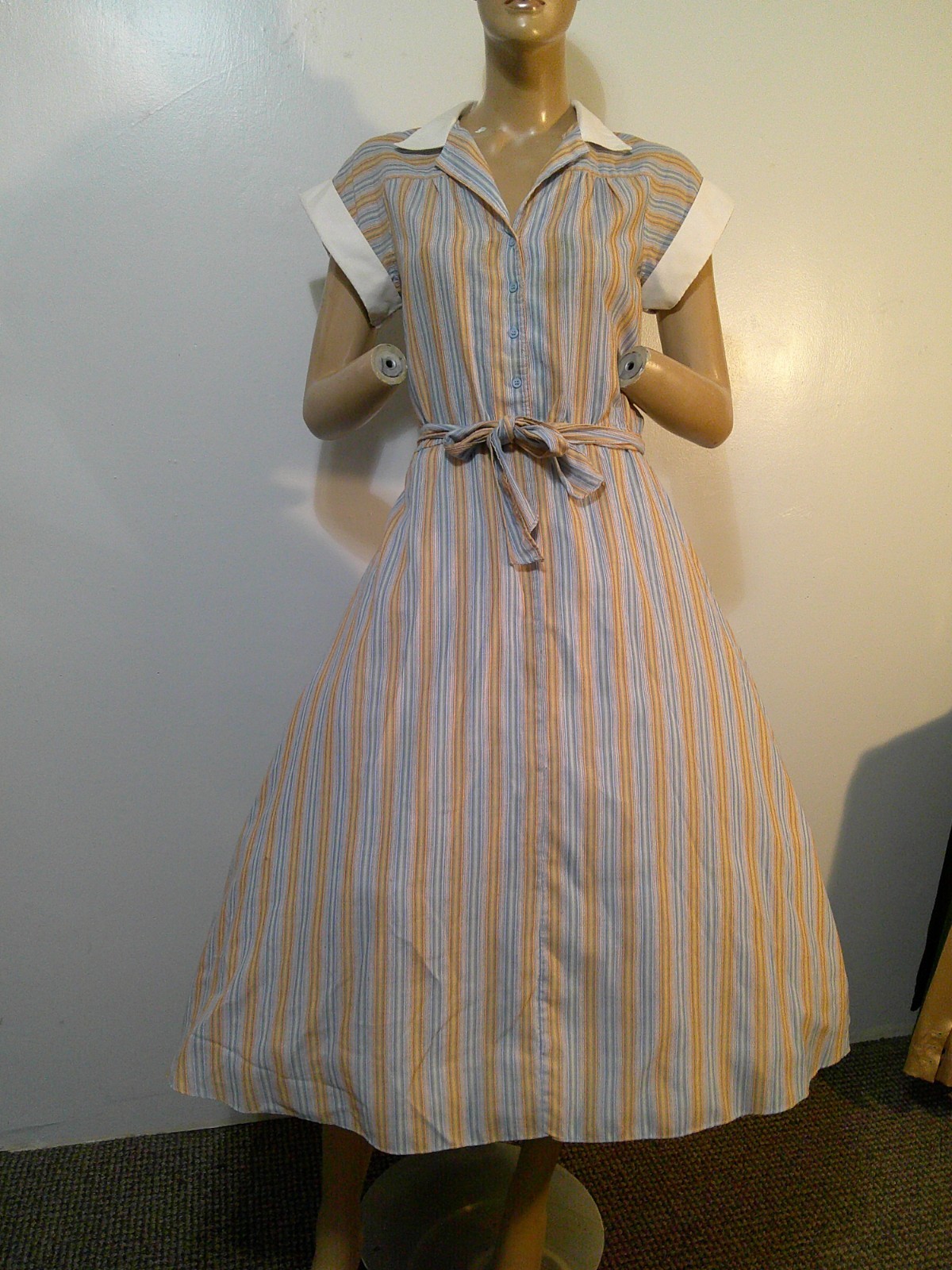 Vtg 70s Does 50s HUK-A-POO Stripe Cottn/Poly Full Sweep Rockabilly Day Dress L