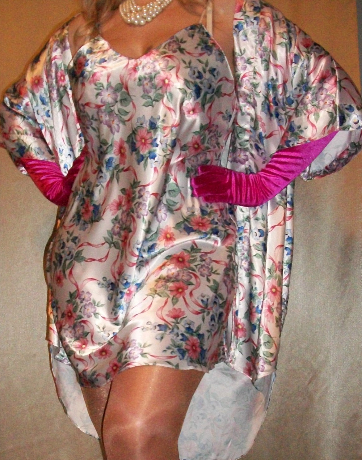 Vtg Bright White Pink Floral Satin Babydoll & Robe M L New