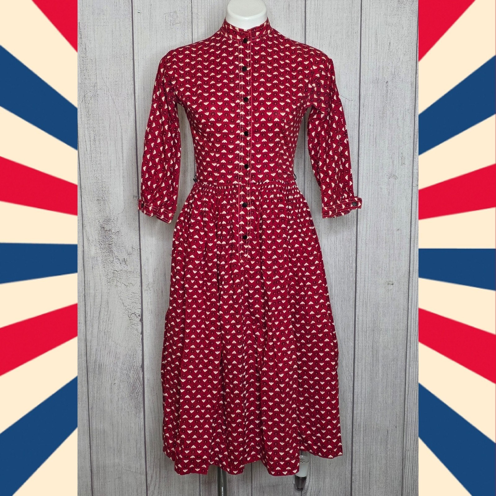 VTG 50s/60s Gay Gibson Red Novelty Prairie Dress | Americana Print | Size Small