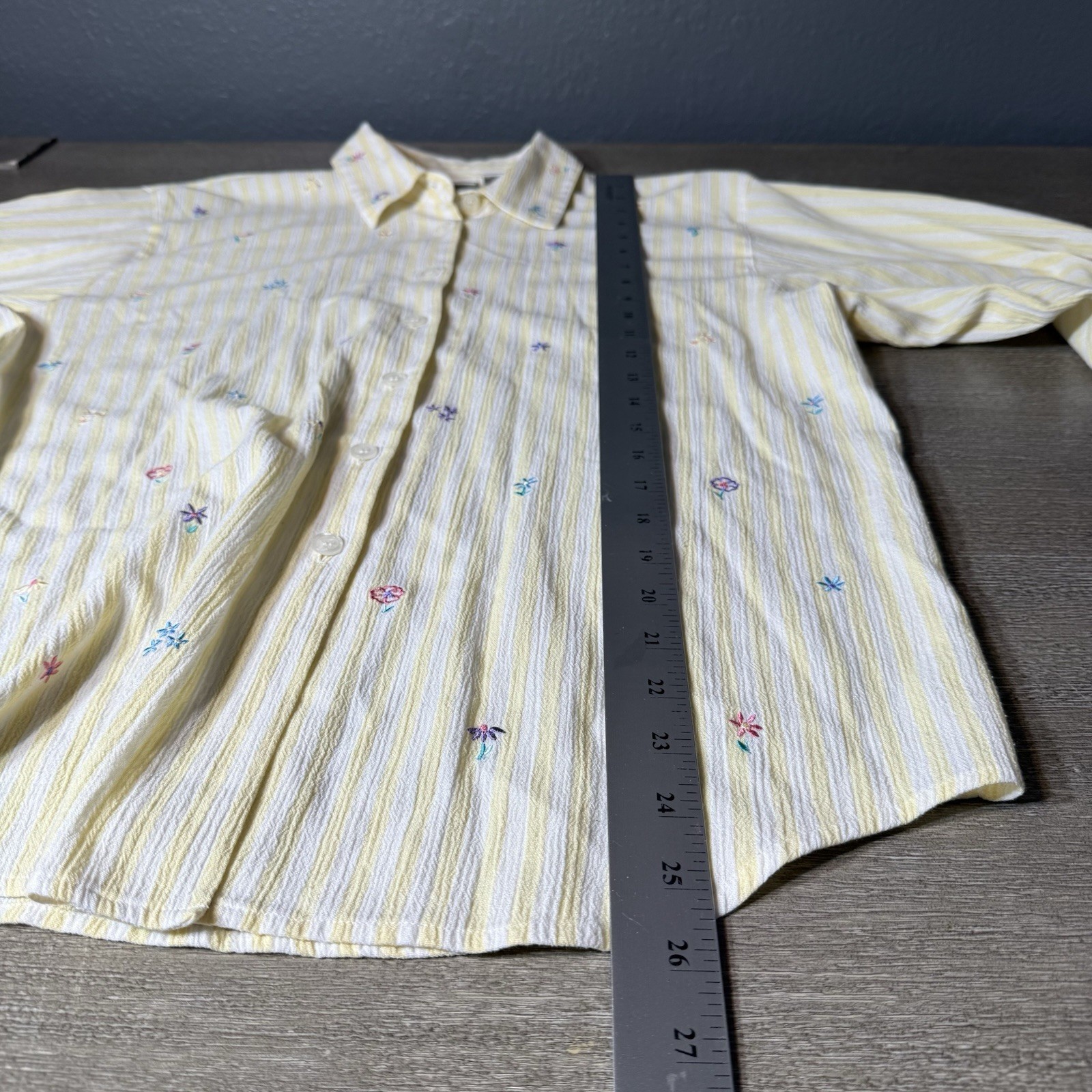 Vintage 90 KORET FRANCISCA Petite Large Yellow Strip Embordered Button Up Blouse