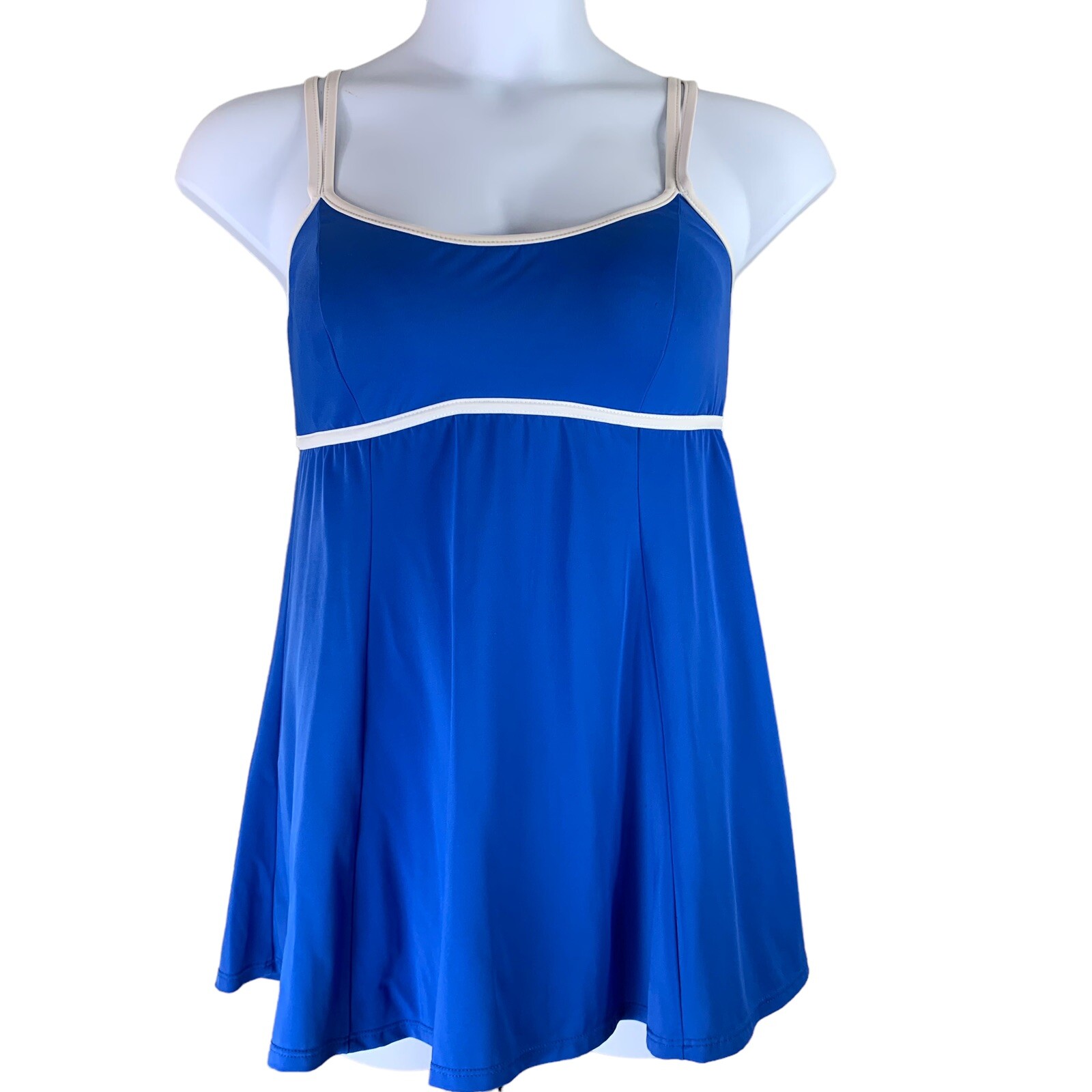 Vintage Swimsuit Swimdress Sz 16 One Piece Blue White Mainstream RUNS SMALL