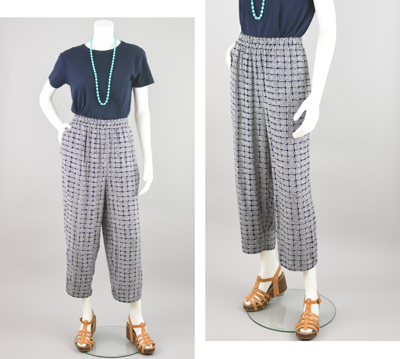 Vintage Navy Blue & White Elastic Waist Easy Pants, Women’s 28 – 33″ Waist
