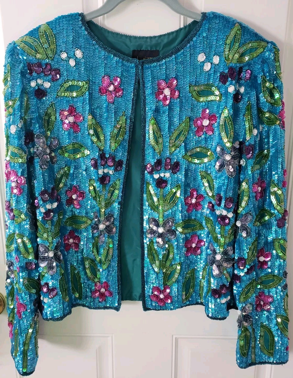 Vintage Mary McFadden LARGE Sequin Turquoise SILK Beads Jacket Floral Mardi Gras