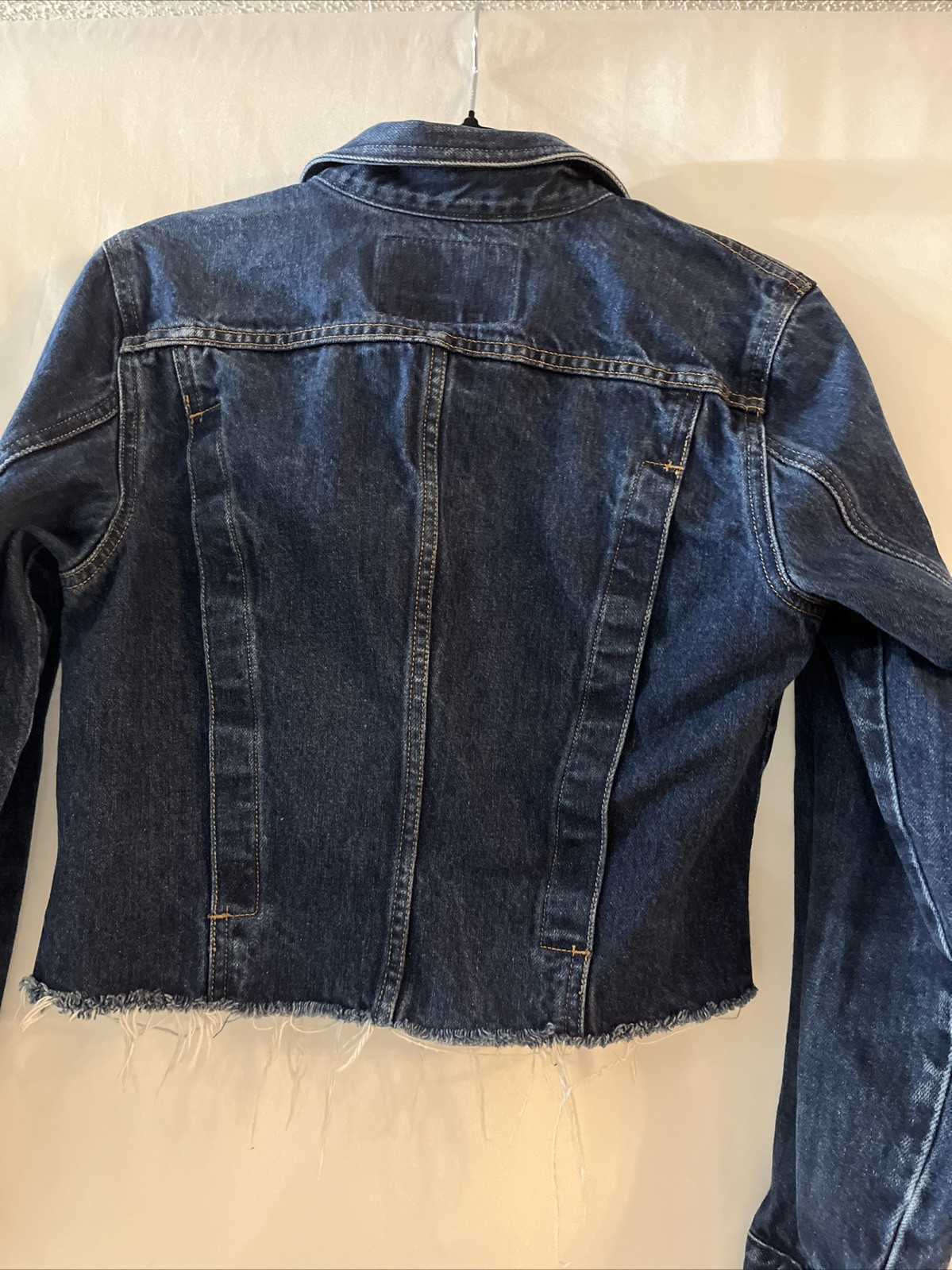 Vintage GUESS Blue Jean Jacket Crop Dark Wash Medium Fringe Button Up