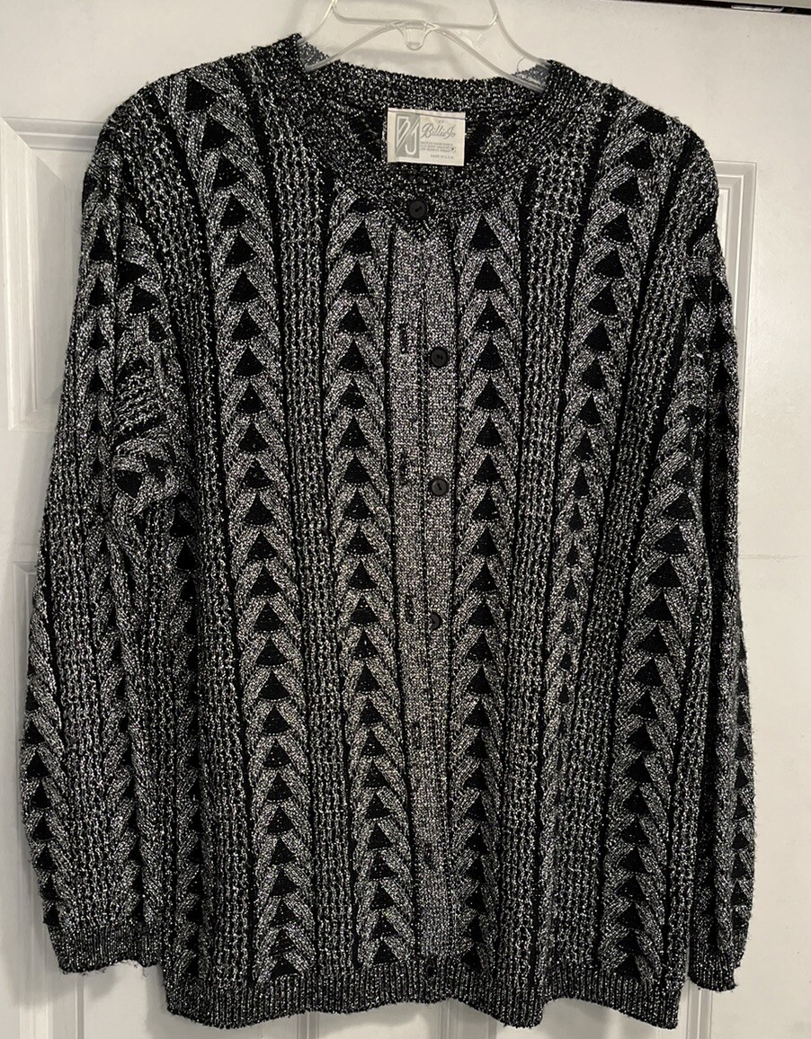 Vintage 1950s Billie Jo Black Sparkle Knit Cardigan Sweater Size Large
