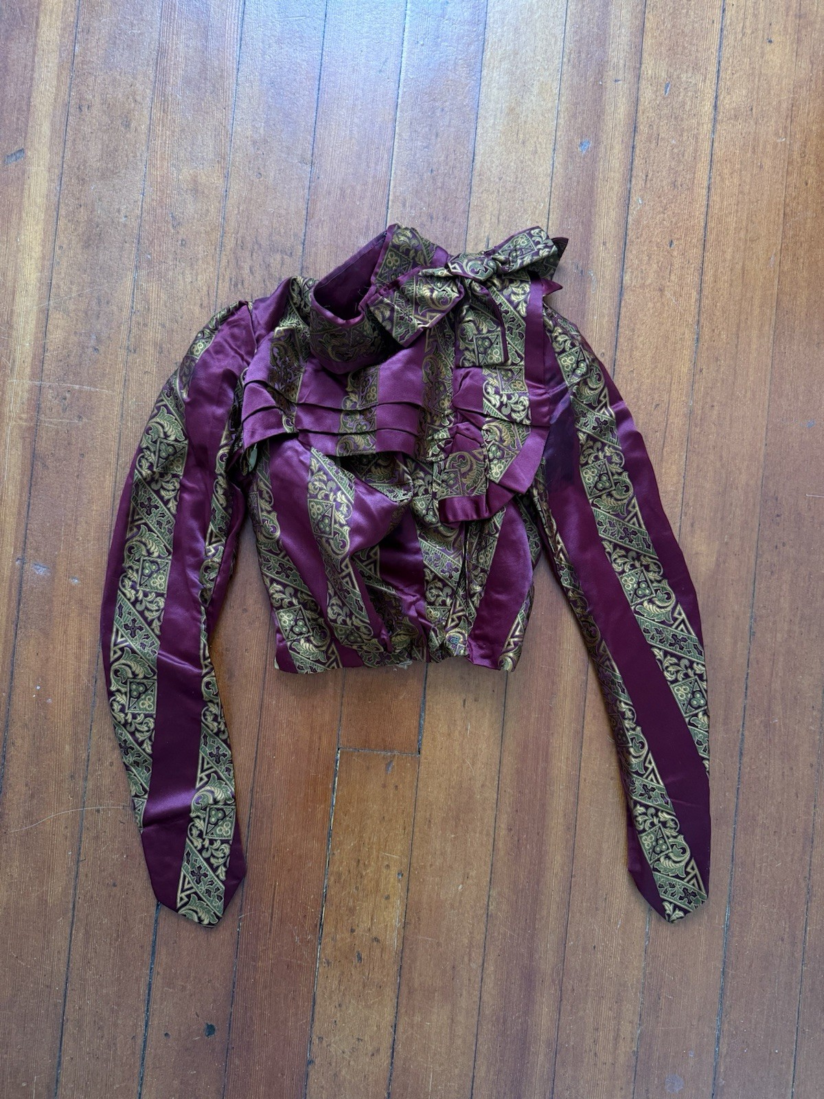 Antique Victorian Brocade Silk Satin Bodice Jewel Toned Boning 1800s XXS/XS