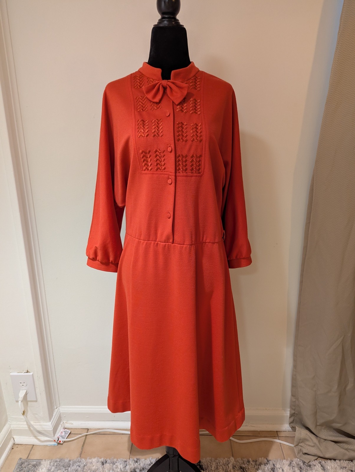 Vintage 1970s Toni Todd Salmon Red Pink Button Front Midi Dress Embroidery