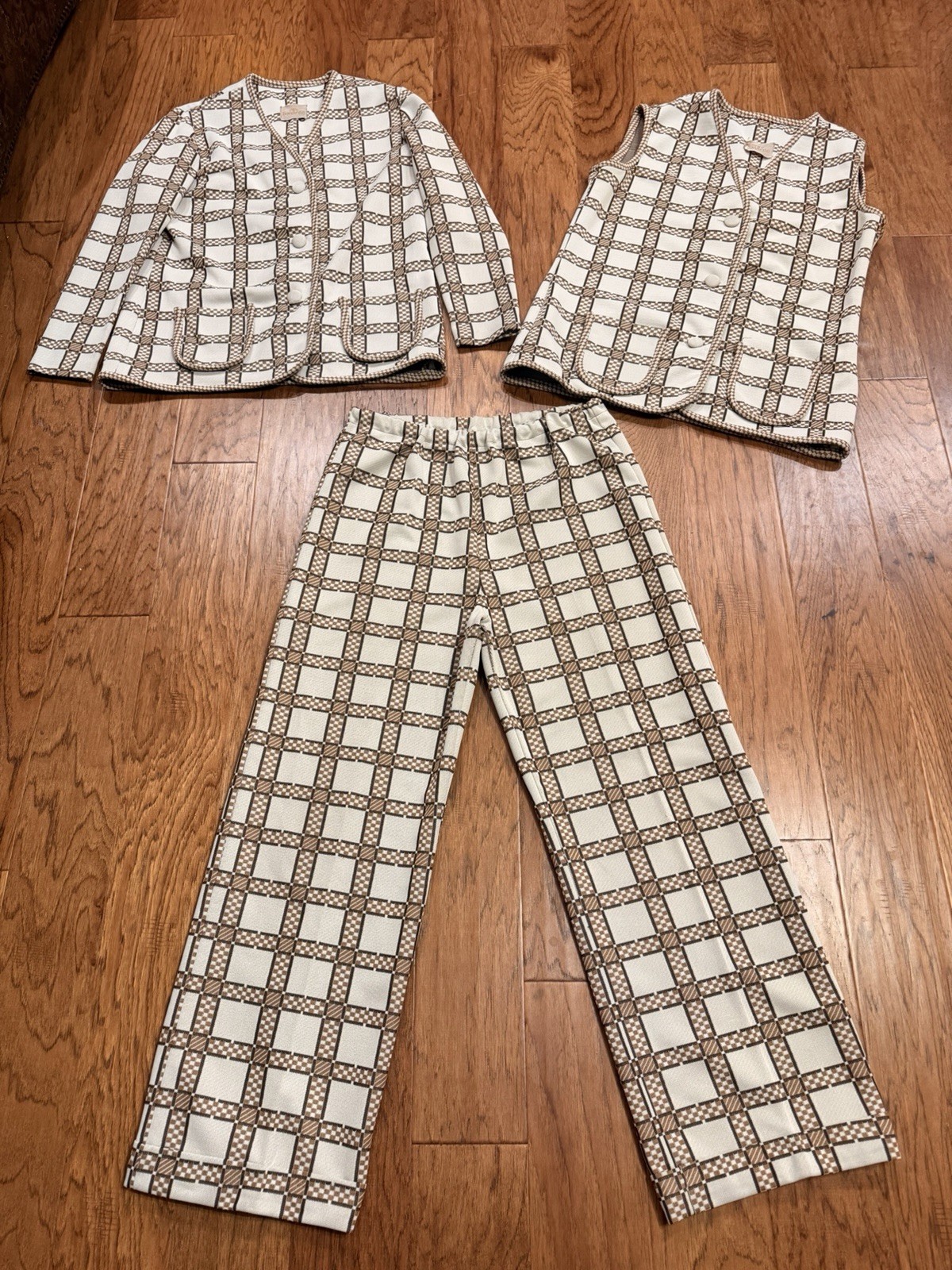 Vintage 1970s 3 Piece Leisure Suit Womens Knit Beige Brown Plaid Large 12-14