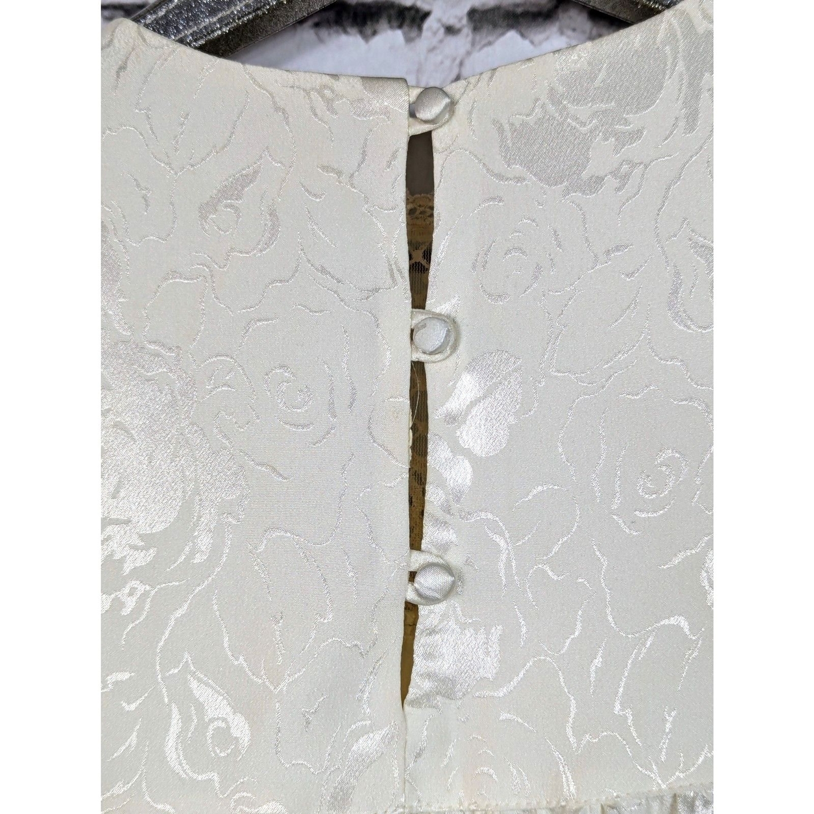Vintage Victorian Satin Floral-Embossed Lace Blouson Top Maximalist Unique Large
