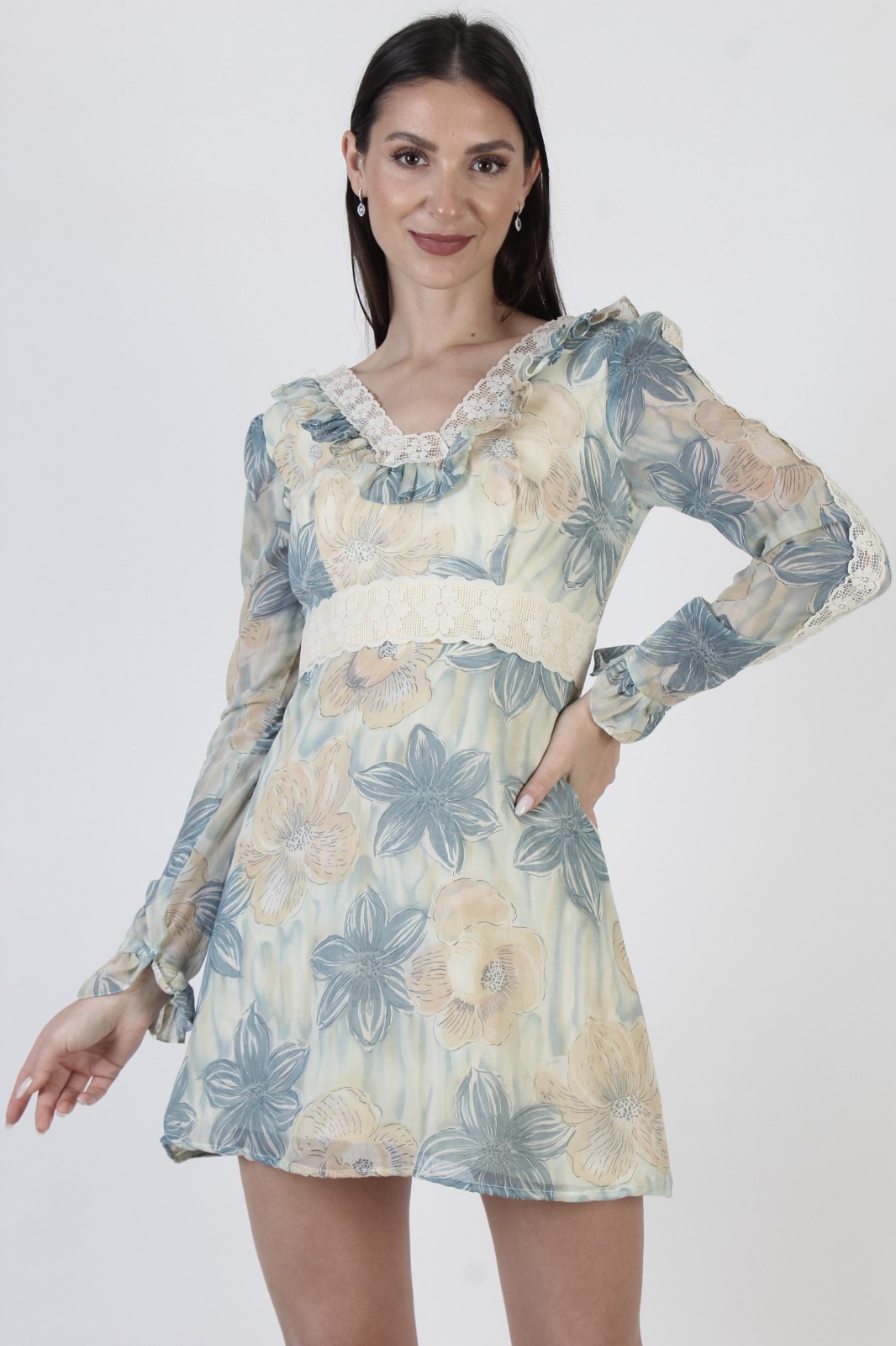 Vintage High Waist Floral Dress 70s Prairie Peasant Hippy Micro Mini Sundress