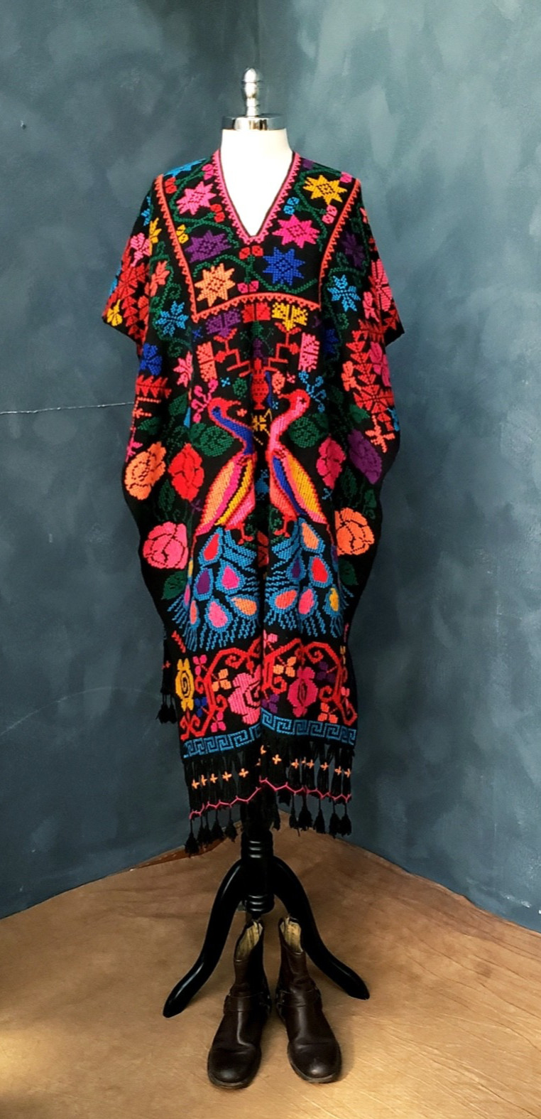 Vintage 70s Colorful Embroidered Boho Fringe Blanket Poncho OS