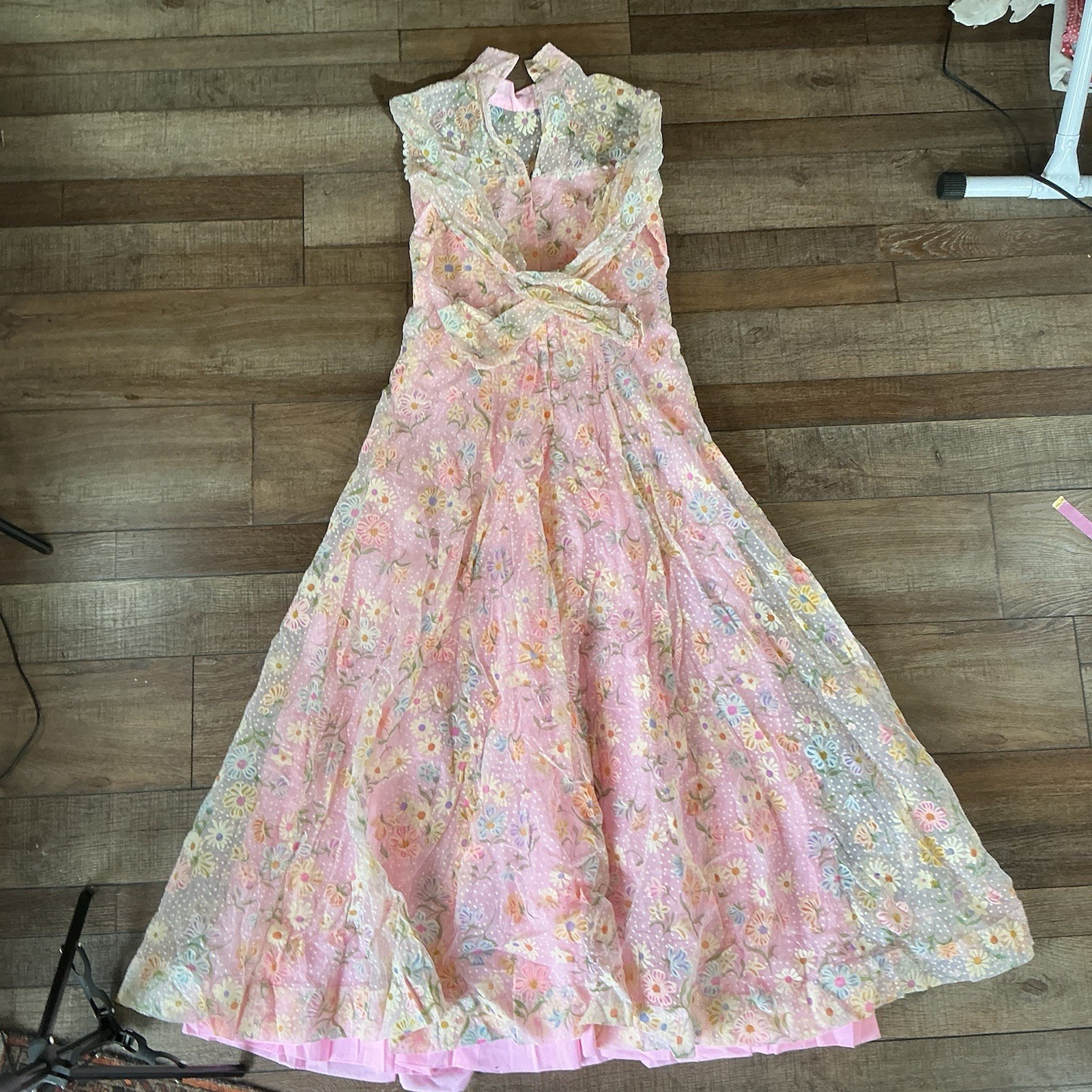 VINTAGE Sheer Floral Maxi Dress Wmns S Pastel Pink Long Sleeve Cottagecore #2B5