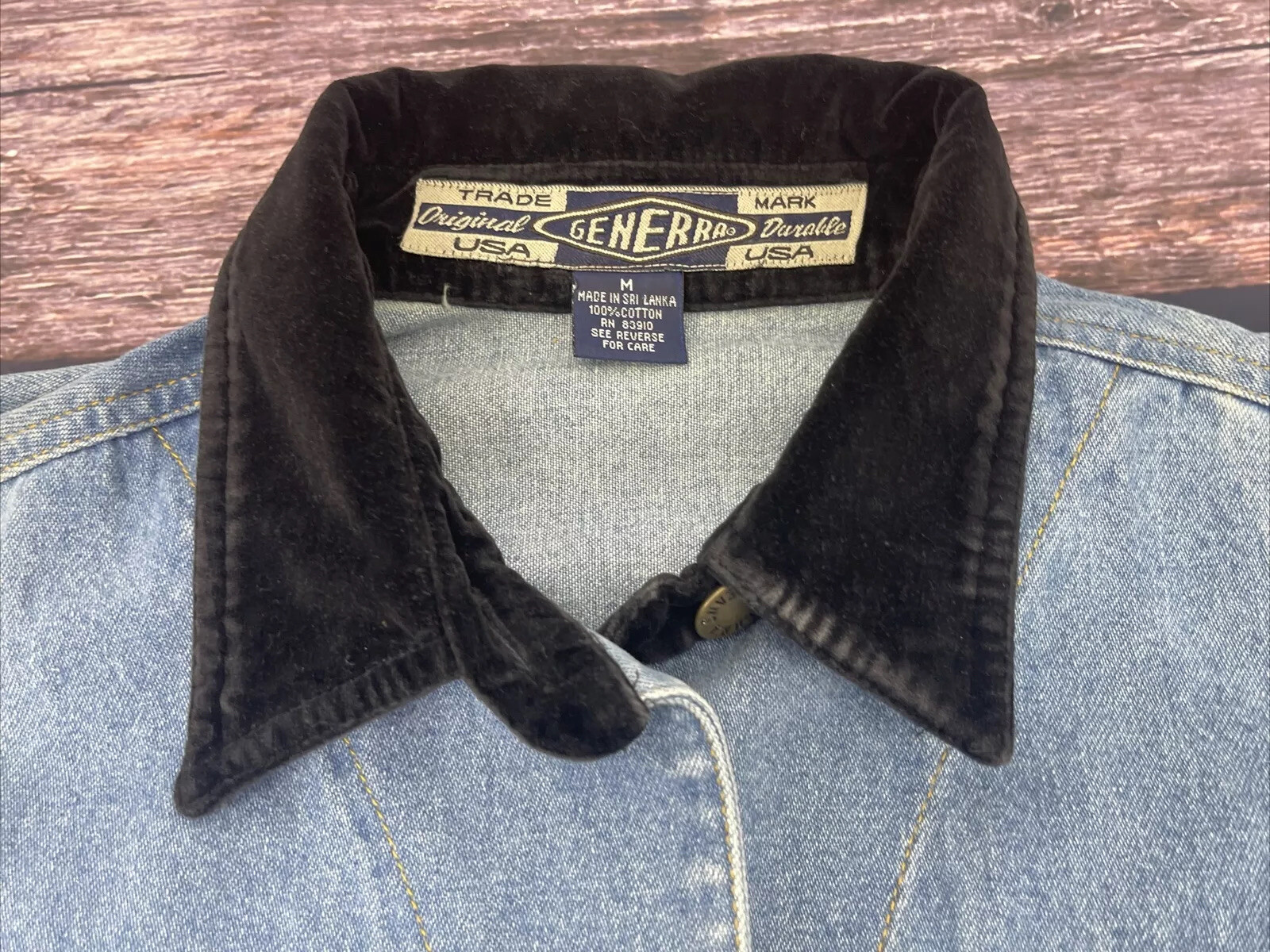 VTG Generra Cotton Denim Velour Collar Sleeveless Jean Vest Womens Sz M EUC