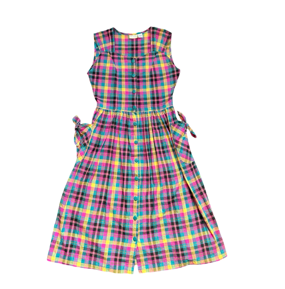 Vintage Multicolor Black Pink Plaid W’s M 100% Cotton Button Front Dress Pockets