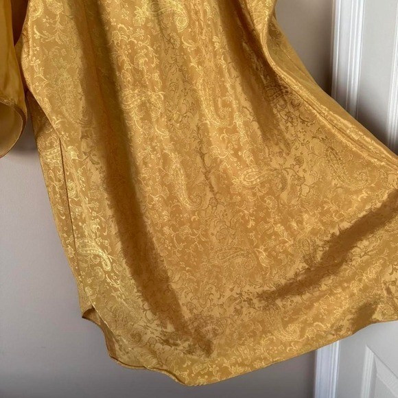Vintage 80s Yellow Gold Nightgown Mini Dress Paisley Filigree Sheer Long Sleeve
