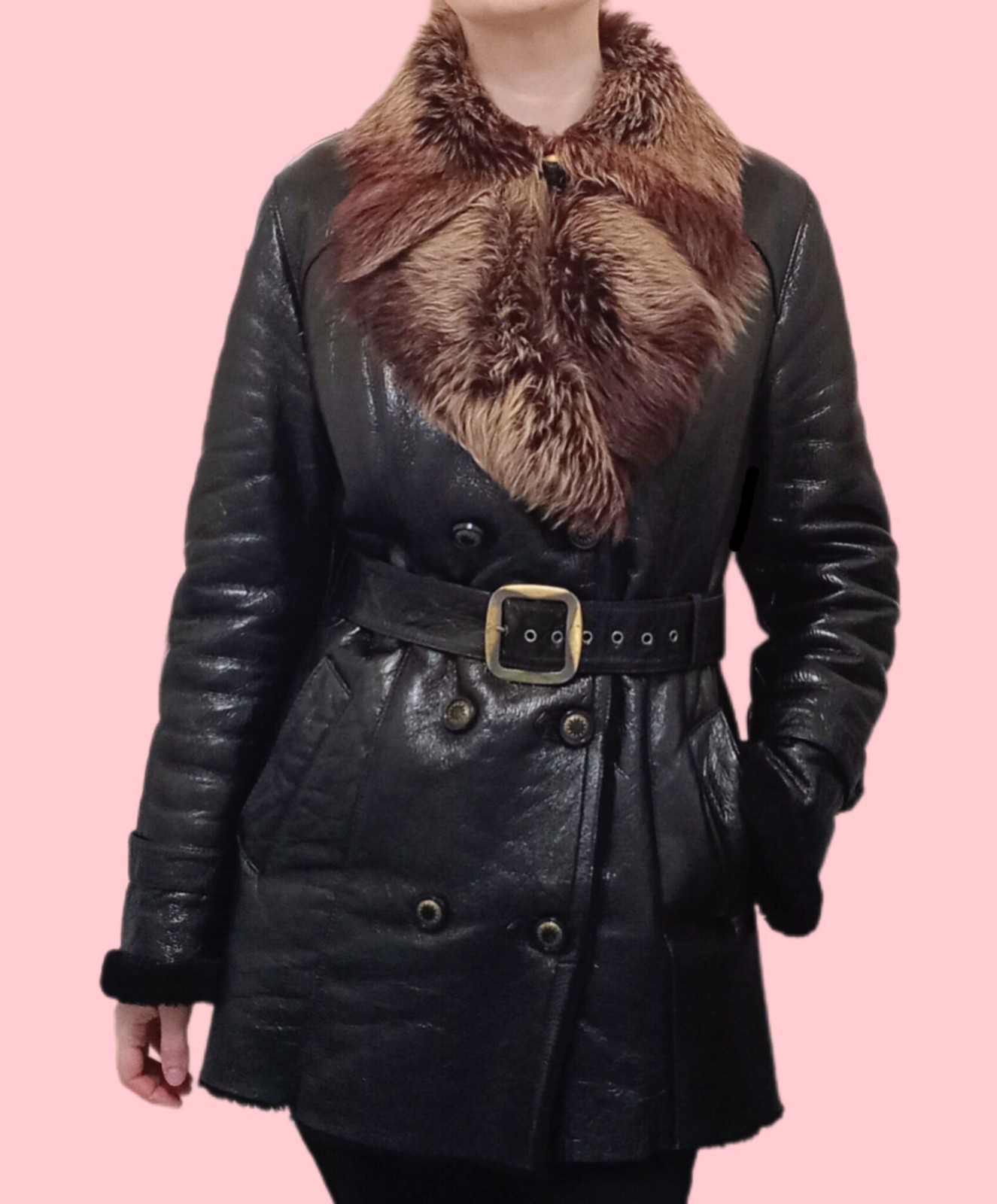 Vintage 00s Women’s Shearling Coat Black Patent Leather Toscana Fur Size L
