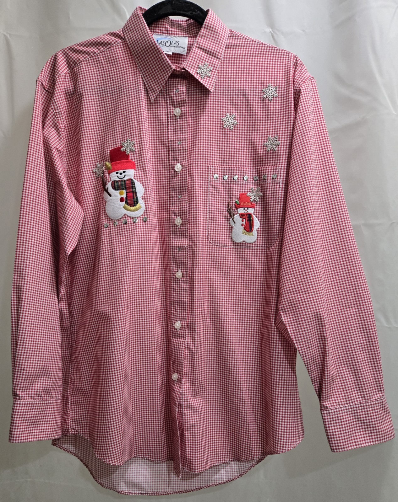 Women’s Vintage Las Olas Red White Check Emb. Snowmen & Snowflakes LS Shirt MED