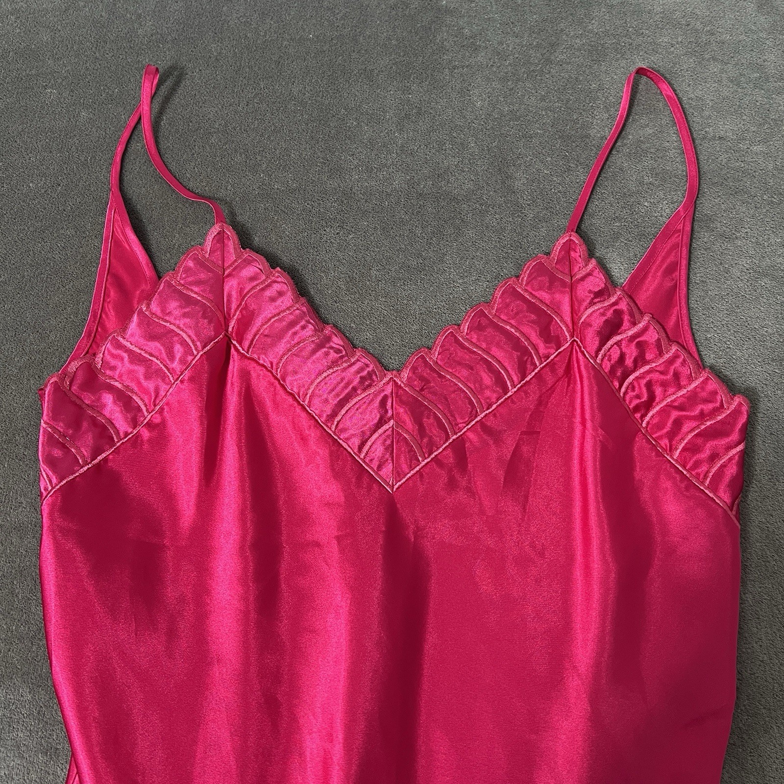 Vintage Magenta Hot Pink Satin Feel Slip Dress with Embroidered Details Sz L
