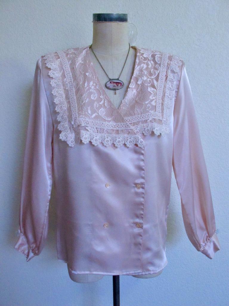 Vintage San Andre Silky Blouse 10 Pink Lace Victorian Collar Slick Shiny Satin