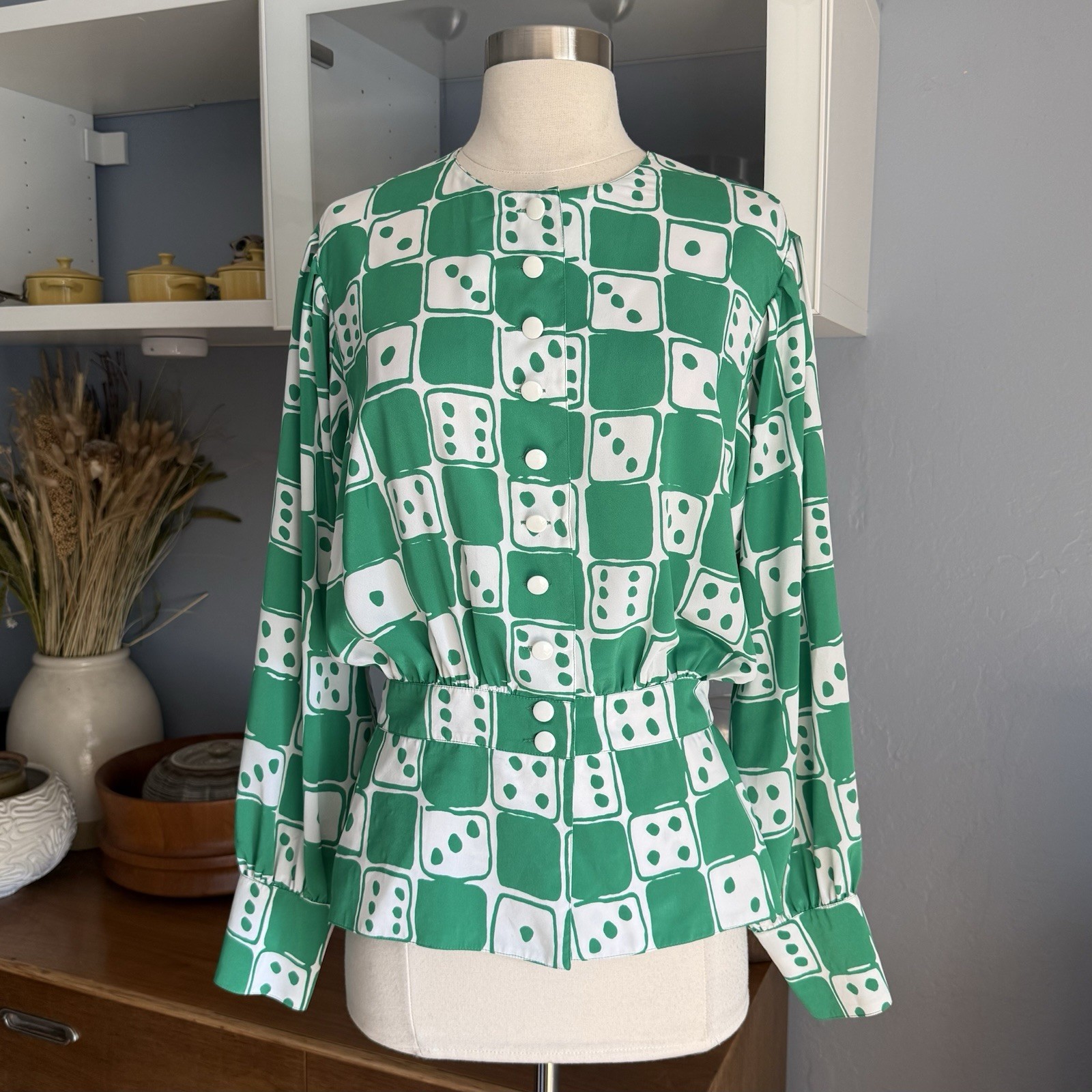 Vtg Louis Féraud Blouse Checkered Dice Cinched Waist Sz 8 Abstract Pop Art