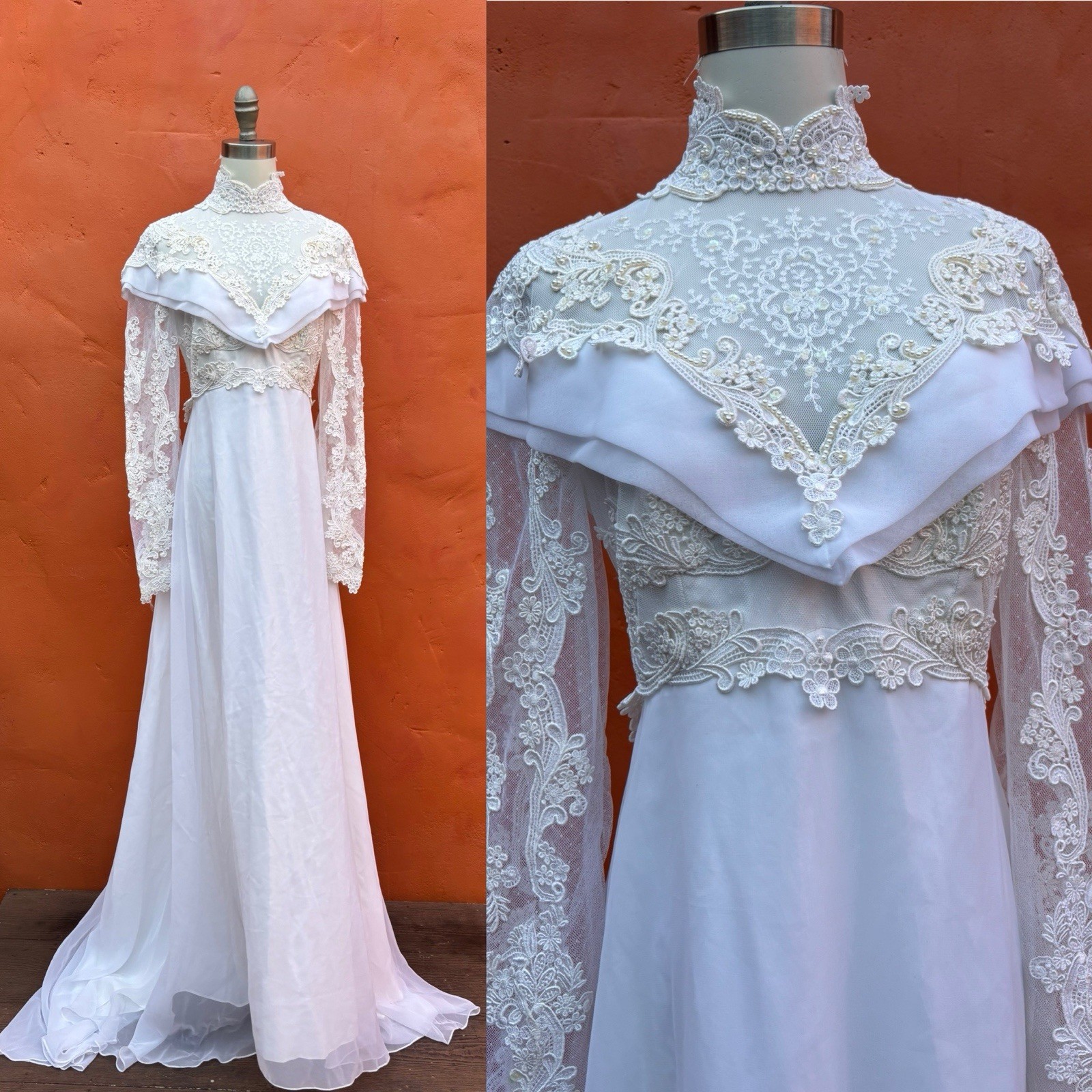 Vintage 1970s Lace Wedding Dress Victorian style train hippie boho xs
