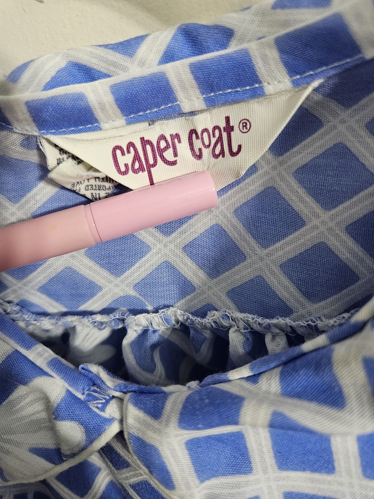 VTG Caper Coat Housecoat Nightgown Medium Retro Mod Button Up Blue Floral Check