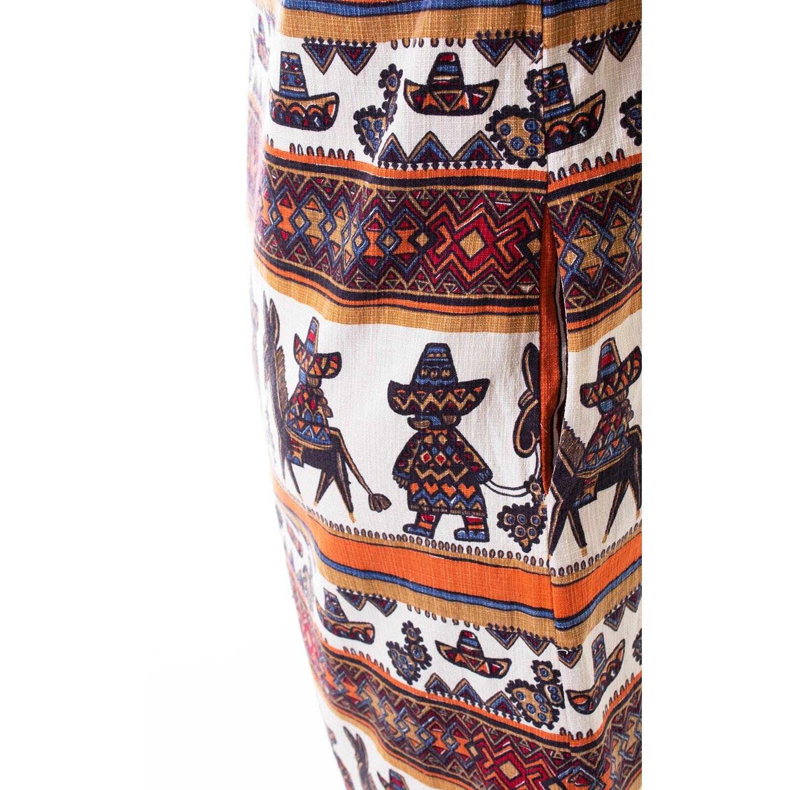 Vintage 1960s Sundress 60s Mexican Striped Novelty Print Cotton Shift Dress