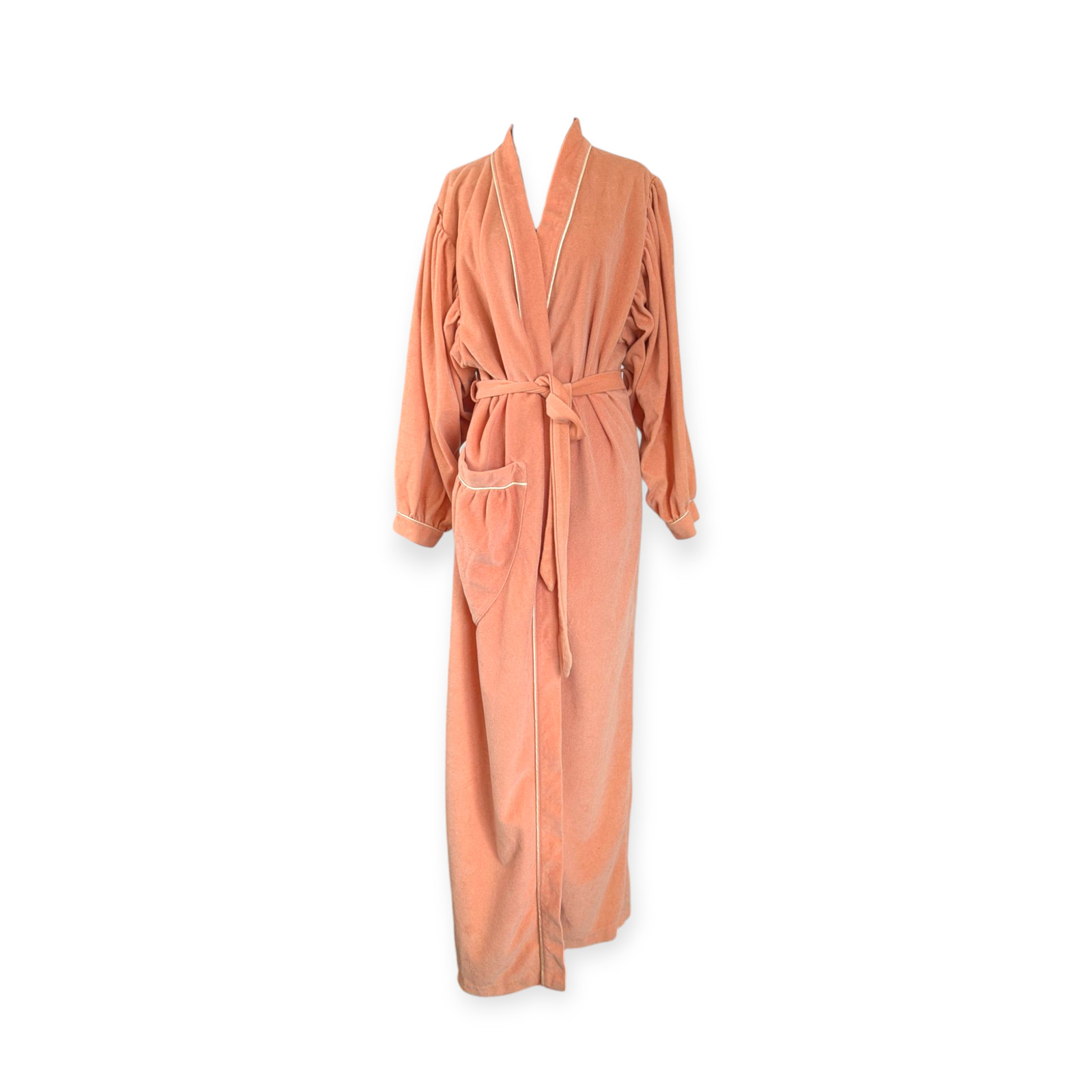 Vintage 1970s Apricot Peach Velour Wrap Robe M
