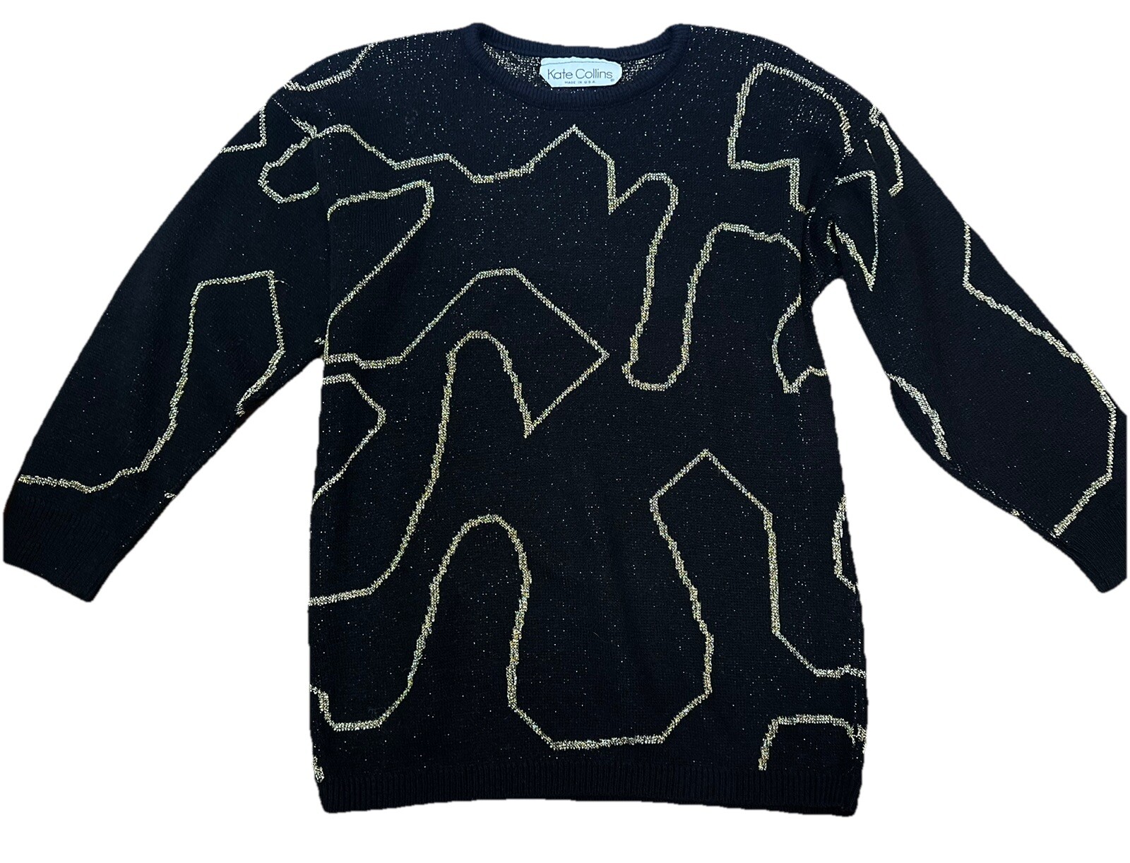 VTG 80s Kate Collins Black and Metallic Gold Knit Pullover Sweater M 46″ Bust