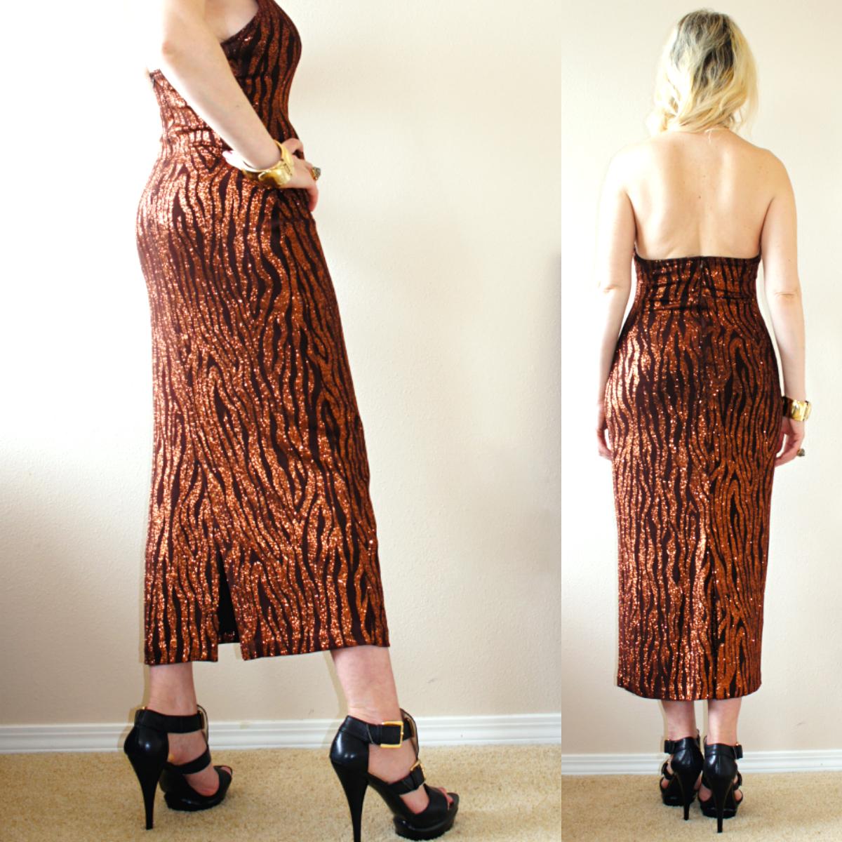 Vtg 90 METALLIC Brocade Animal Stripes Evening Cocktail Wedding MAXI Dress Gown