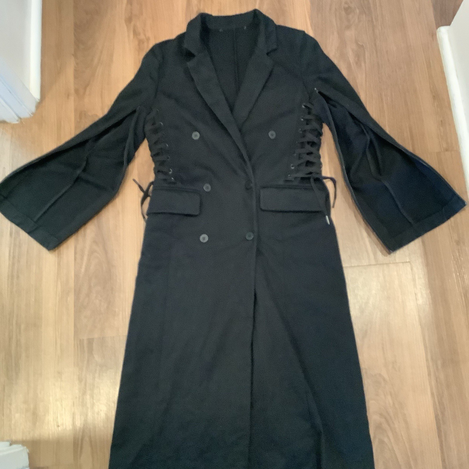 Black Corset Lace Up Sides Split Sleeves Dbl. Breasted Long Goth Coat S/M