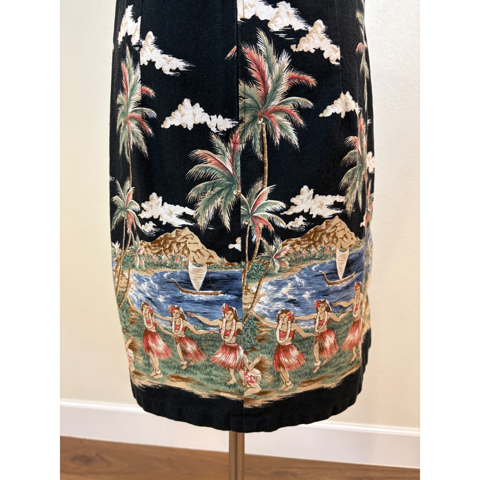Vtg 90s Shannon Marie Shift Dress Womens XL/14 Black Hawaiian Hula Print