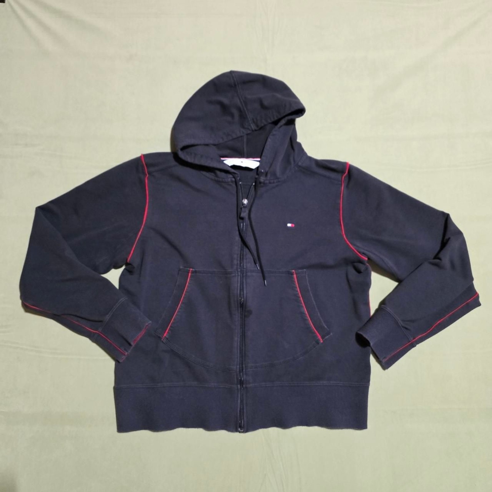 Tommy Hilfiger Y2K women’s size XL navy blue zip-up hoodie with red piping