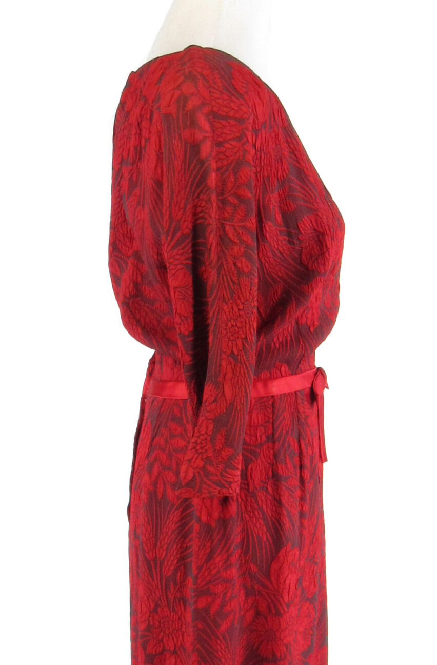 Red gray floral print 3/4 sleeve vintage day dress 12 S