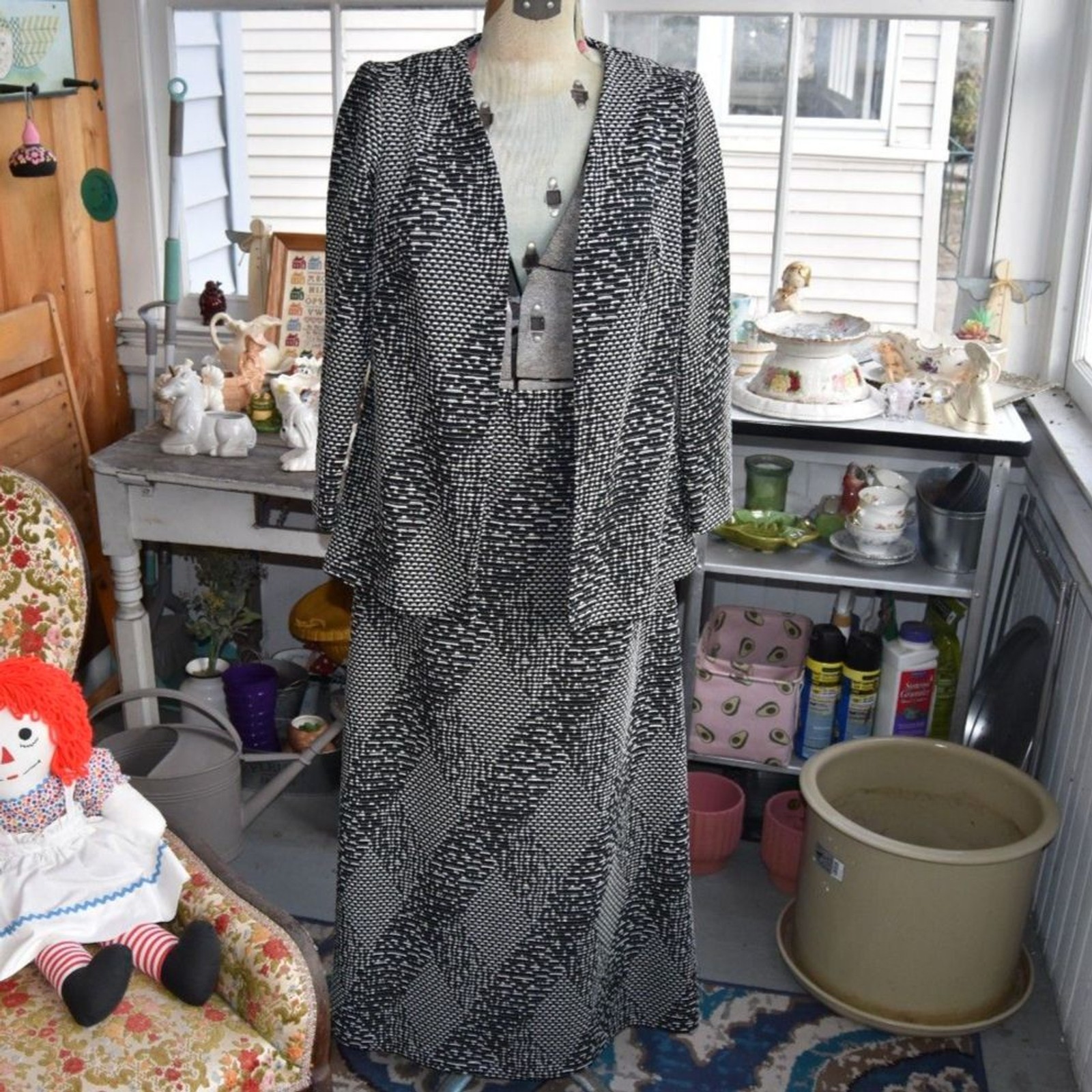 Vintage 70s R&K Originals Maxi Skirt Jacket Set Black White Abstract Size Large