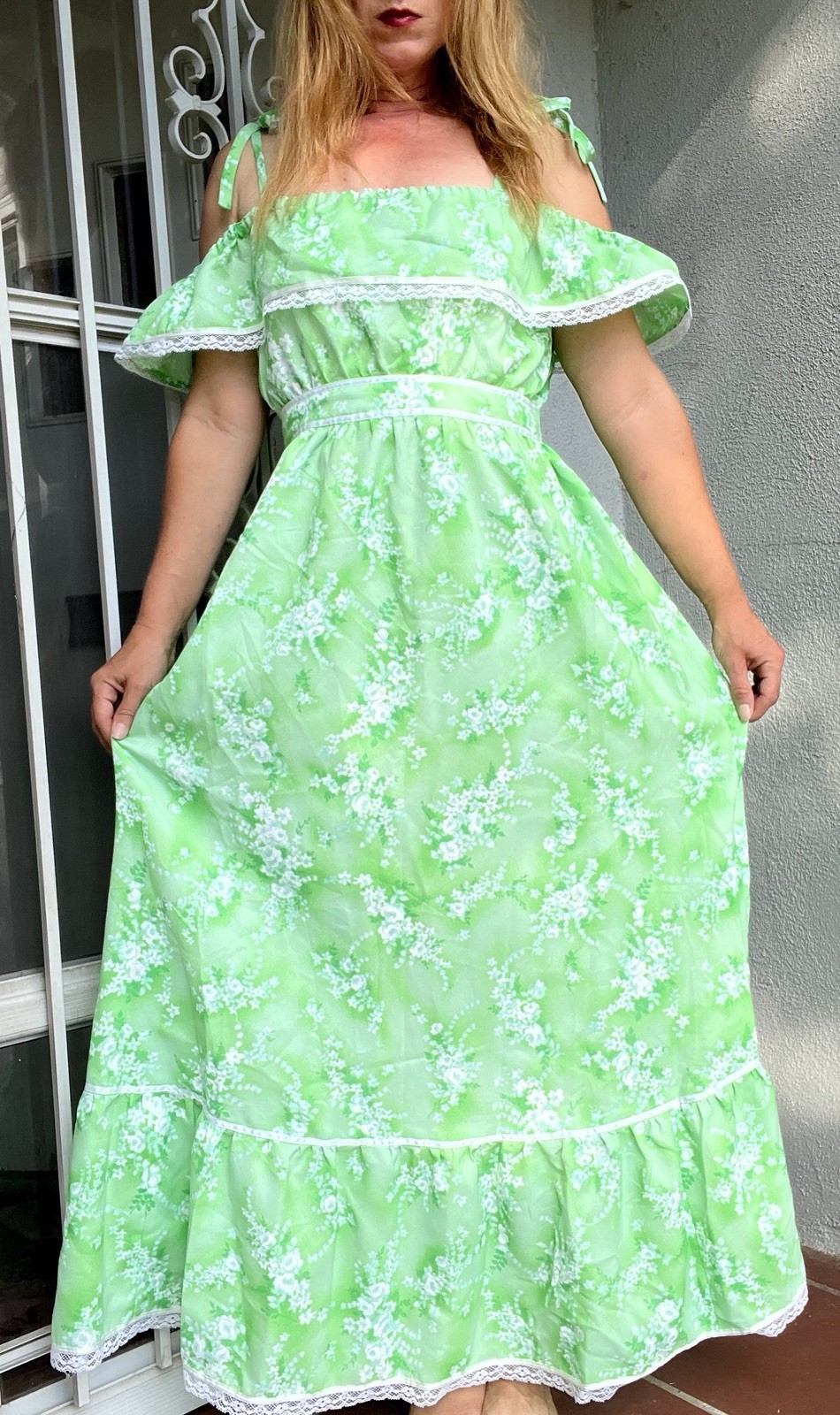 Vintage 1960s Lime Green Floral Ruffled Off Shoulder Boho Hippie Maxi Dress Sz M
