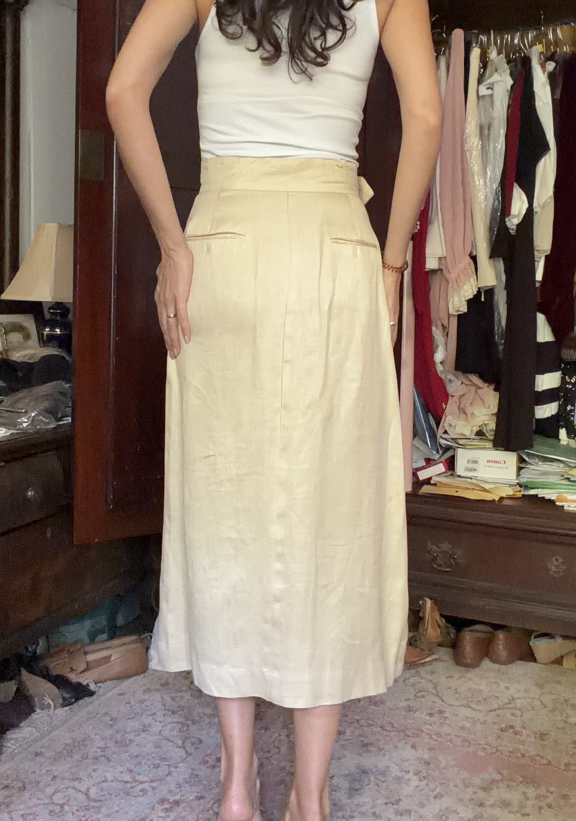 Vintage 1983 Perry Ellis Henri Bendel 100% Linen Wrap Midi Skirt Beige