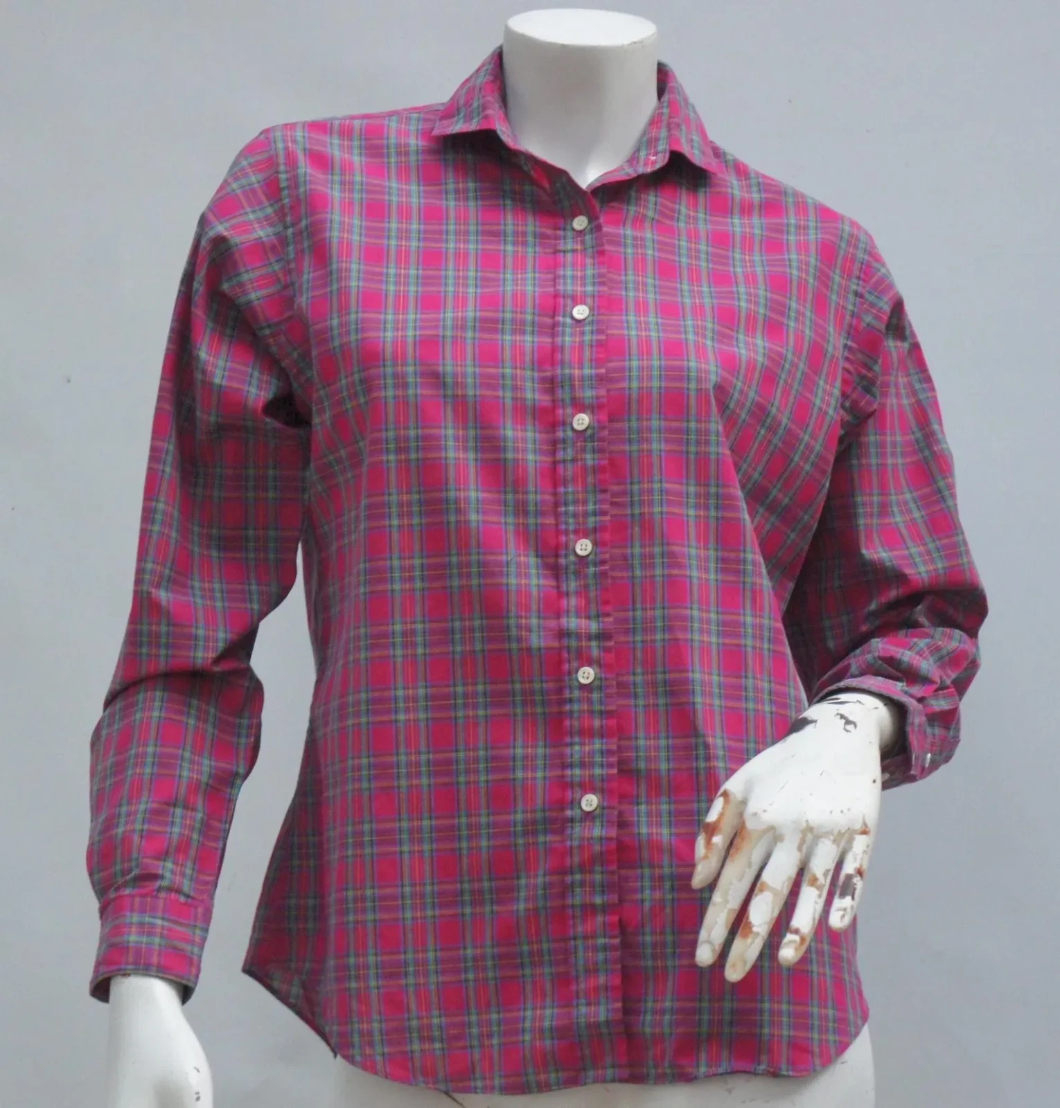 Vintage 70s-80s Women’s Lands End Red Plaid Check Blouse Button Down Shirt Size