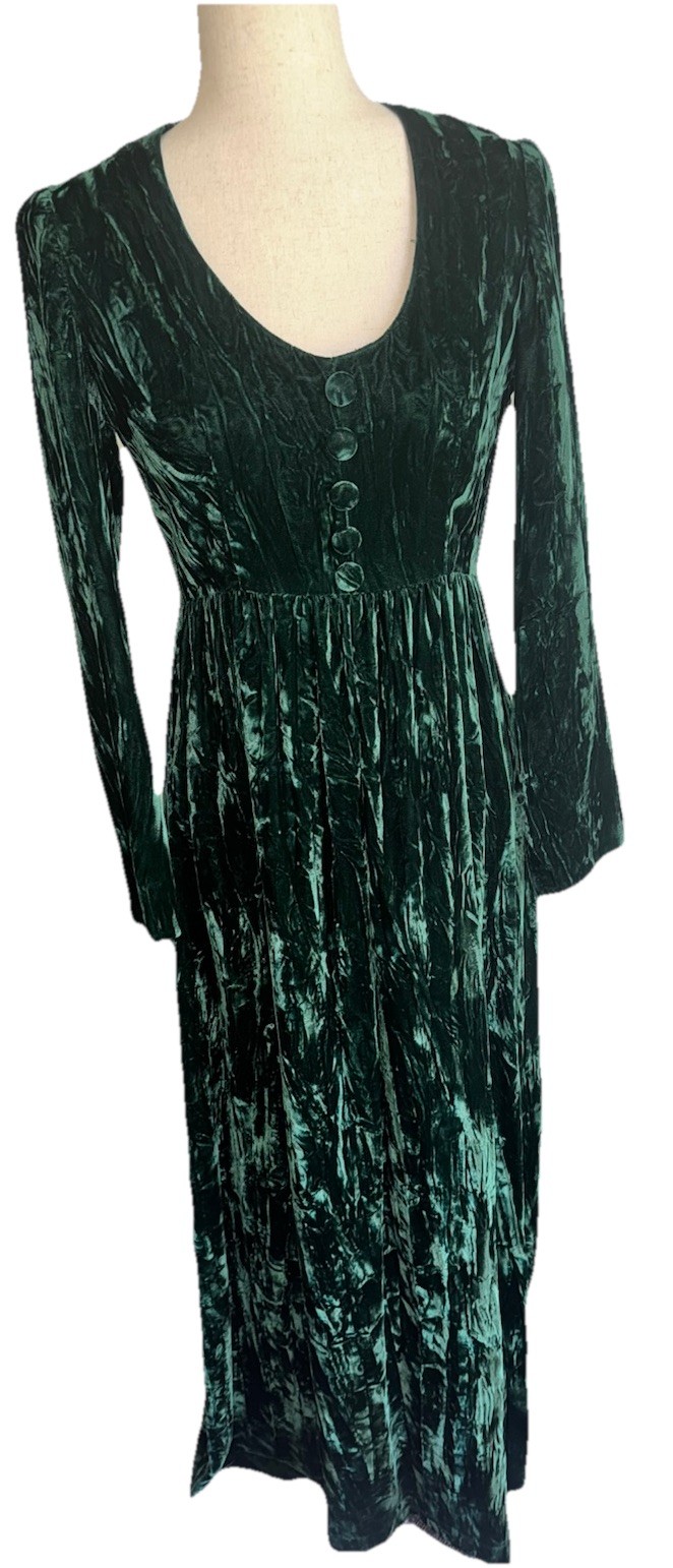 VTG Green Crush Velvet Babydoll Maxi Long Sleeve Evening Dress Gown Christmas M