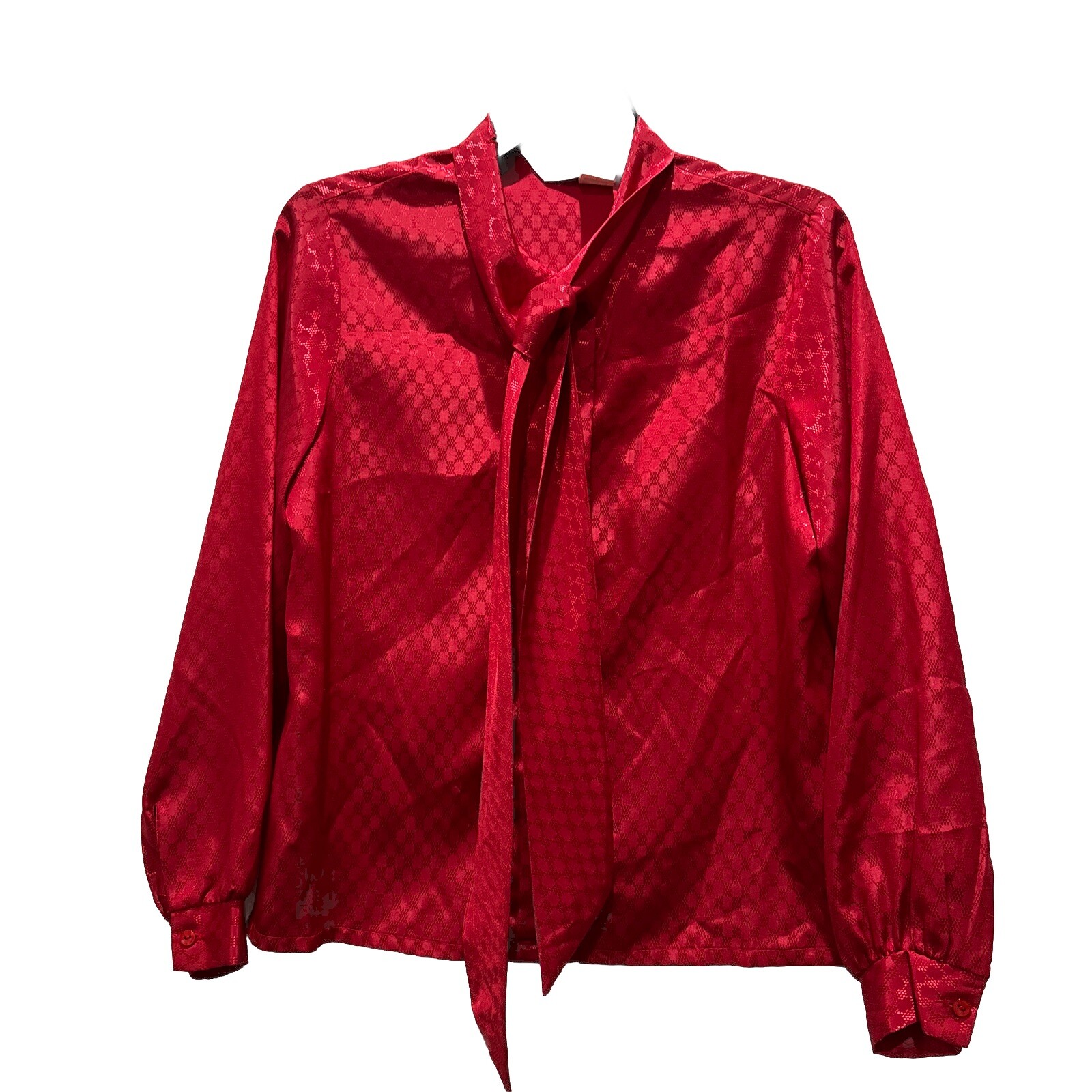 Judy Bond Red Tie Blouse Sz10P Secretary, Long Sleeve VTG 80s retro Boho librari