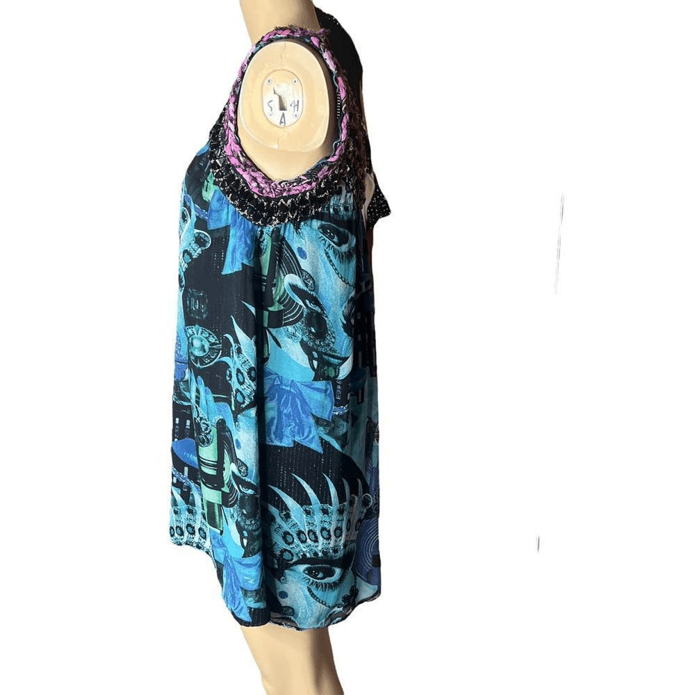 Custo Barcelona Silk Blend Beaded Tunic Dress Abstract Print Blue Size 36 XS (08