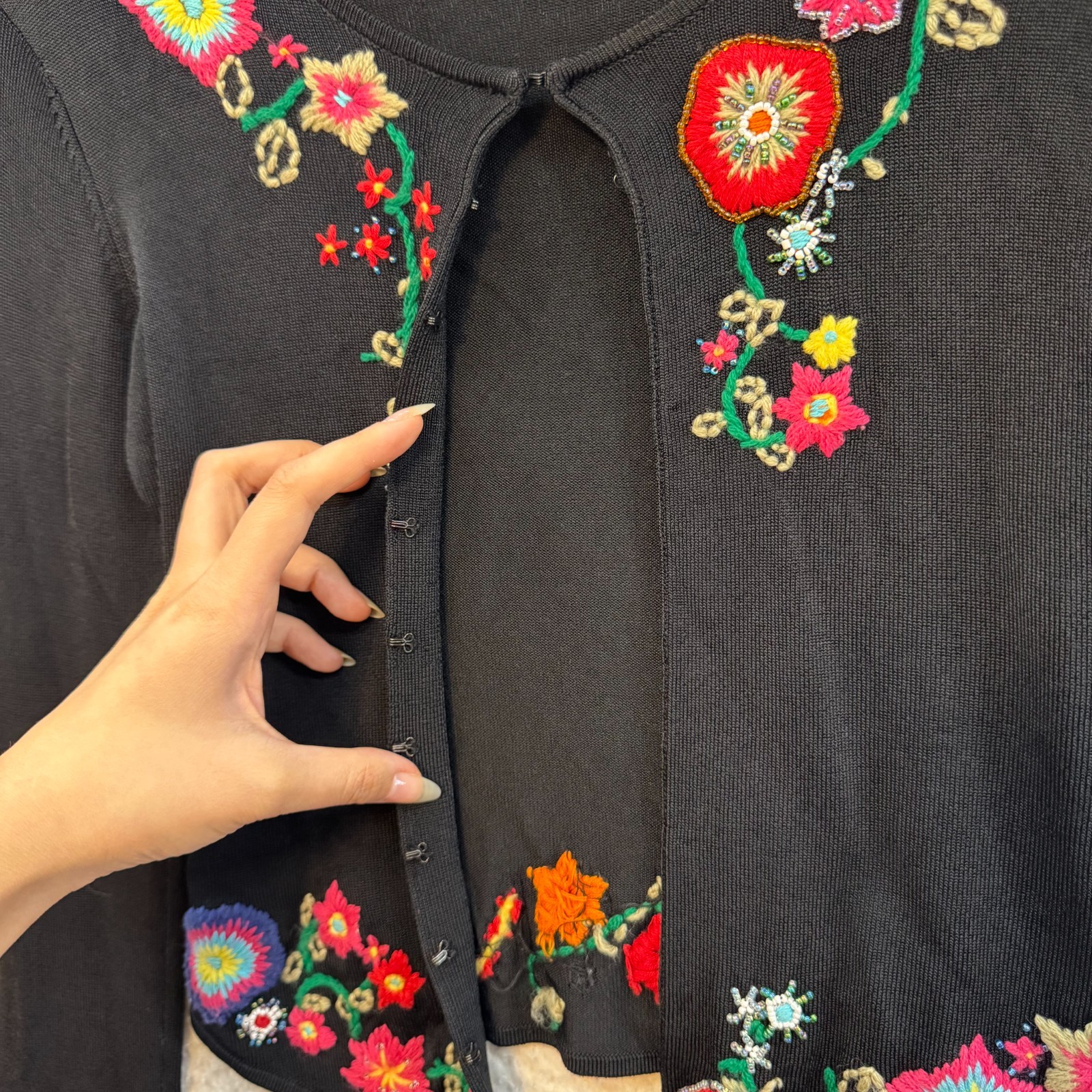 Y2K Vintage Bisou Bisou Cardigan Top XS Small Black Floral Embroidered Kitsch